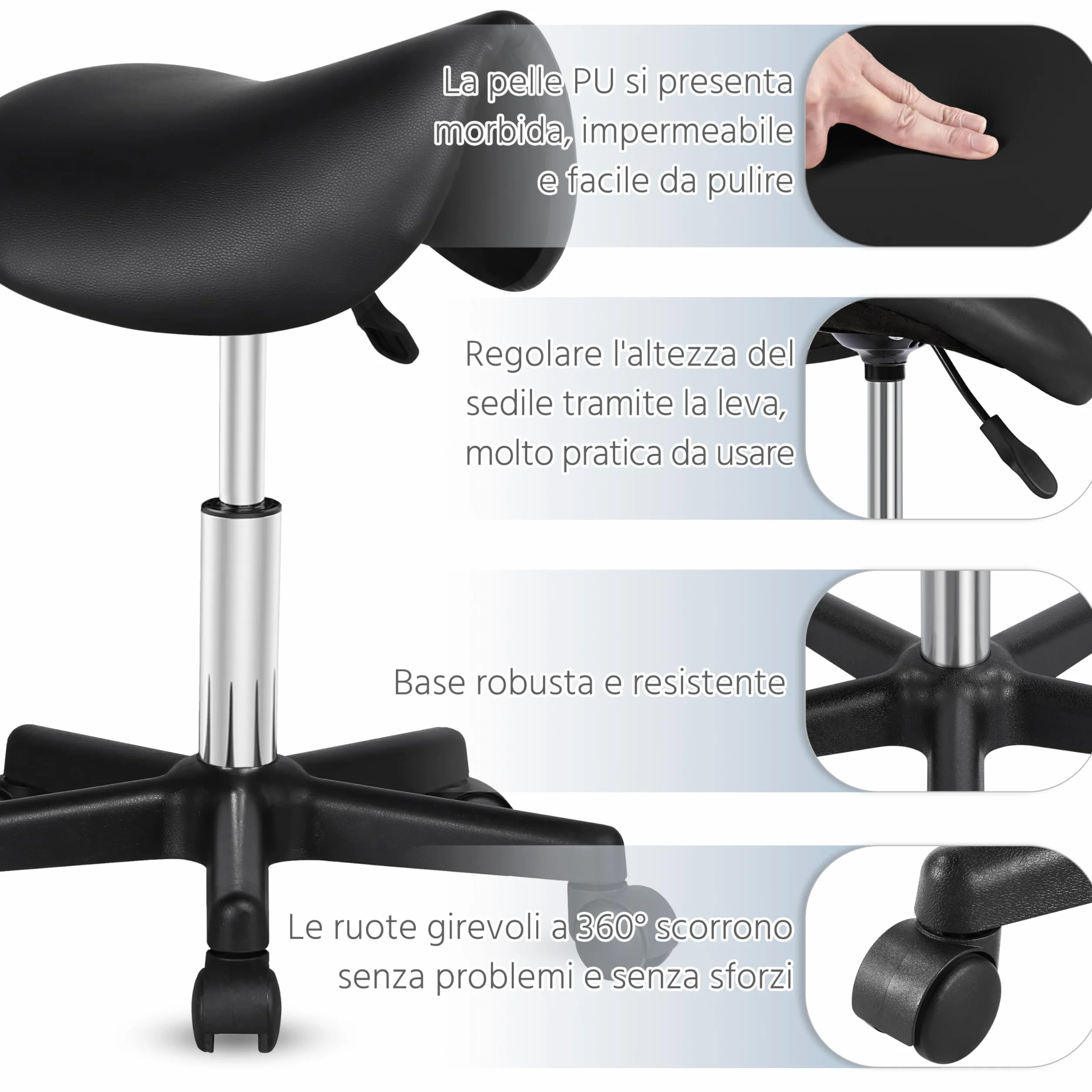 Yaheetech Sgabello a Sella con Ruote Regolabile in Altezza Sedia Estetista Girevole Ergonomico Nero