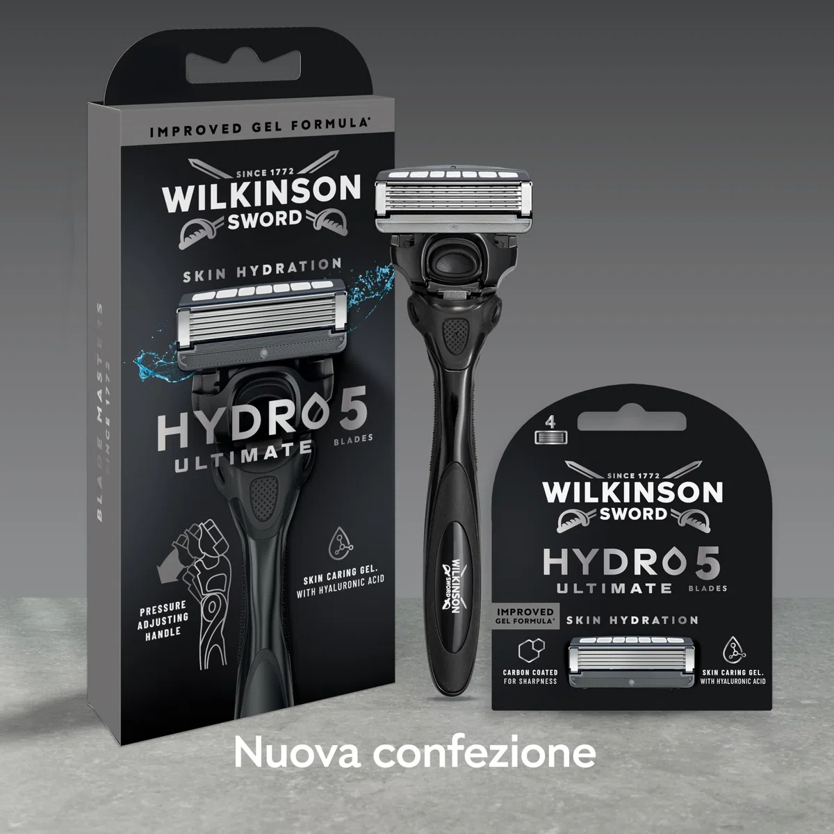 Wilkinson Sword Hydro 5 Ultimate, rasoio da uomo, formato convenienza, con acido ialuronico e lame rivestite in carbonio, manico + 5 ricariche