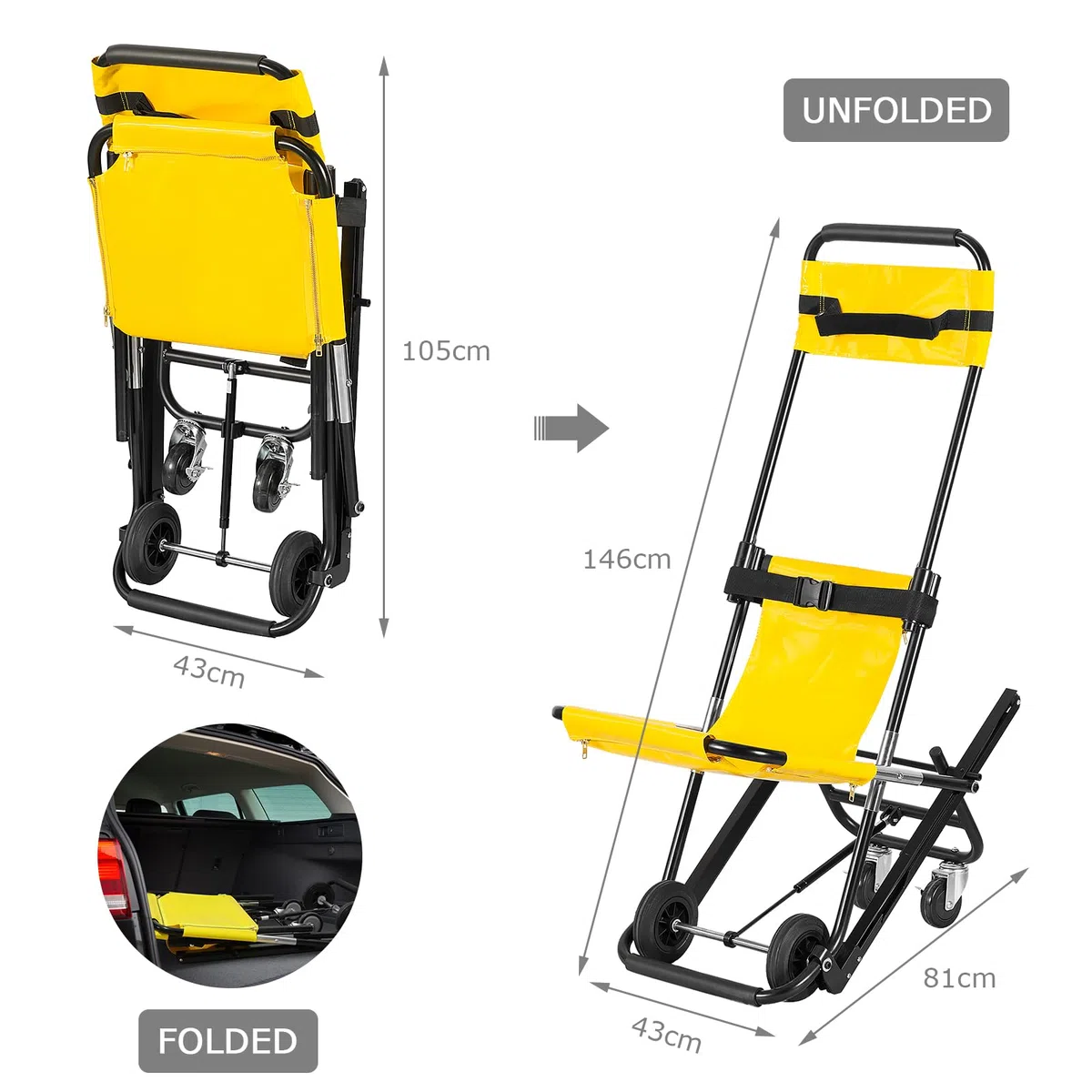 LOSCHEN Sedia per scale di sollevamento manuale giallo, sedia pieghevole portatile per il trasferimento quotidiano, una persona può supportare la mobilità anziana, può contenere 350 libbre