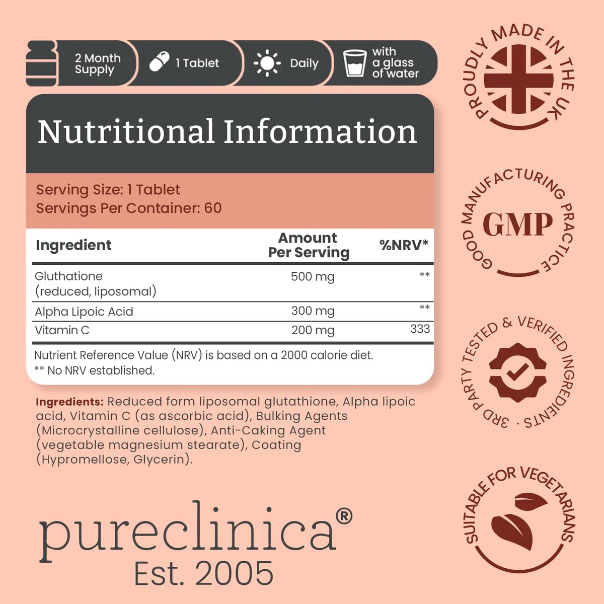 Glutatione a doppia forza 1000mg x 120 compresse (bottiglie da 60). Con 500 mg di glutatione, 300 mg di ALA e 200 mg di vitamina C per compressa