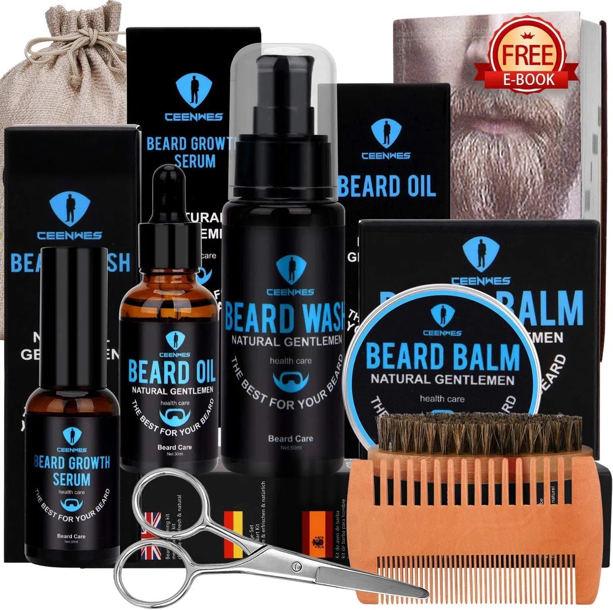 Kit Prodotti Barba e Baffi Uomo con Olio, Siero per la Crescita, Balsamo, Spazzola, Pettine, Regalo Compleanno