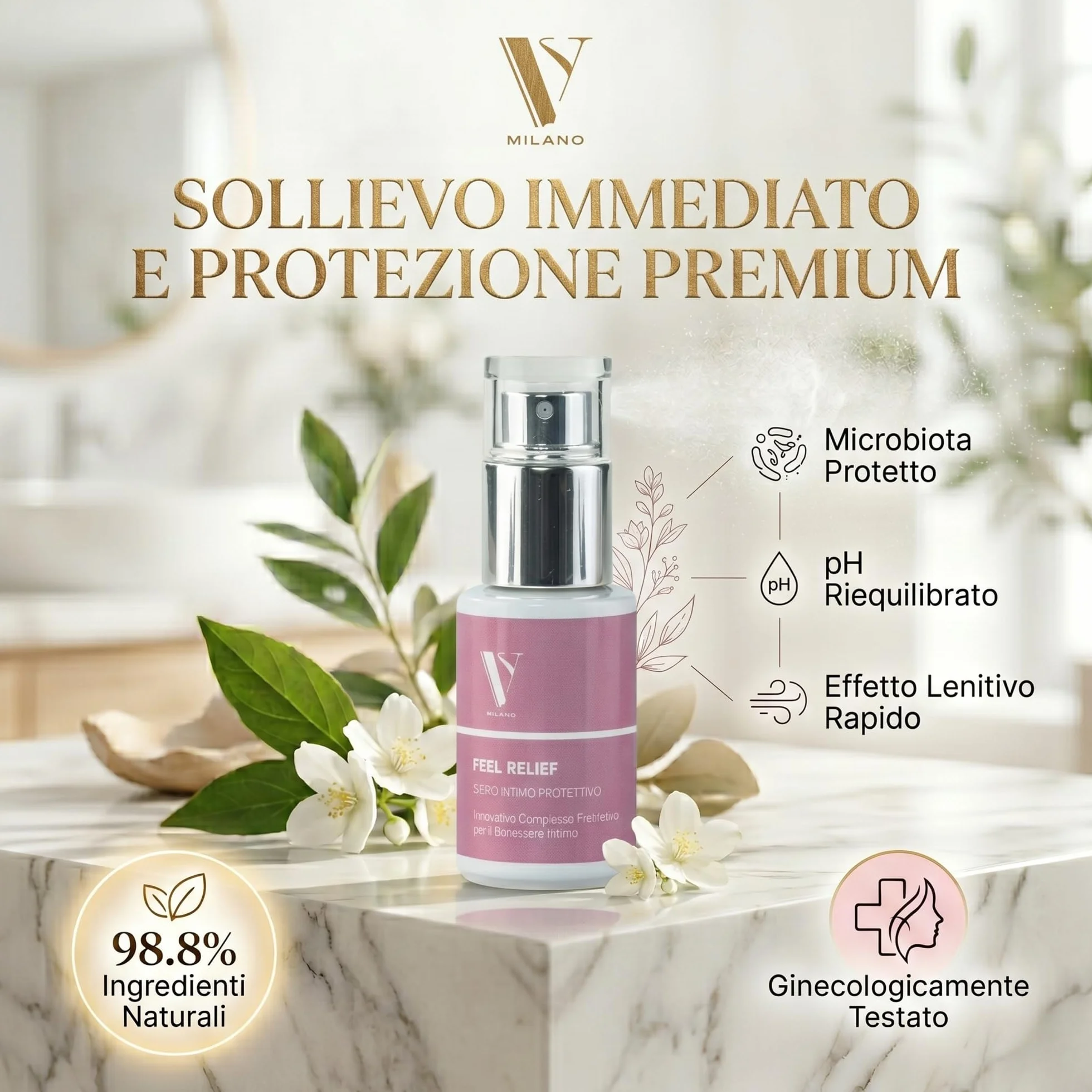 FEEL RELIEF Spray Intimo Prebiotico 15ml - Siero Riequilibrante Microbiota e pH - Antimicrobico Candida Cistite - 98,8% Naturale