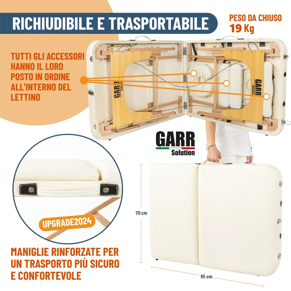 Lettino Massaggio Portatile 3 Zone in Legno, Professionale, Pieghevole e Leggero - 185x70 H62/87cm - con Porta Rotolo e Accessori - Adatto per Estetista, Fisioterapia e Tattoo - Crema