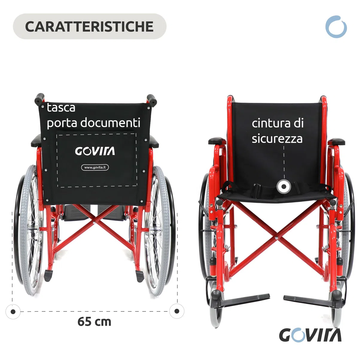 GOVITA Carrozzina per anziani Pieghevole leggera ad Autospinta Sedia A Rotelle Pieghevole leggera per Disabili Ed Anziani 46 Cm, Braccioli E Poggiapiedi Estraibili con cintura di Sicurezza.