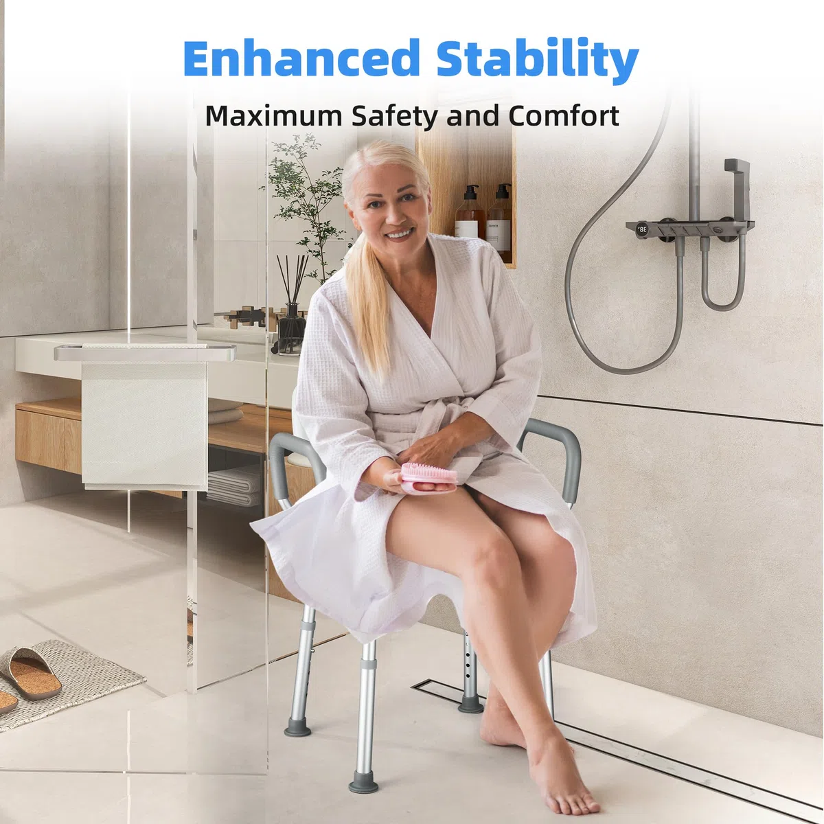 Sedia da Doccia per Anziani e Disabili, Forma a U, Sedia da Doccia con Braccioli e Schienale, Sedile per Vasca da Bagno Antiscivolo, Sgabello Doccia Anziani, Regolabile in Altezza