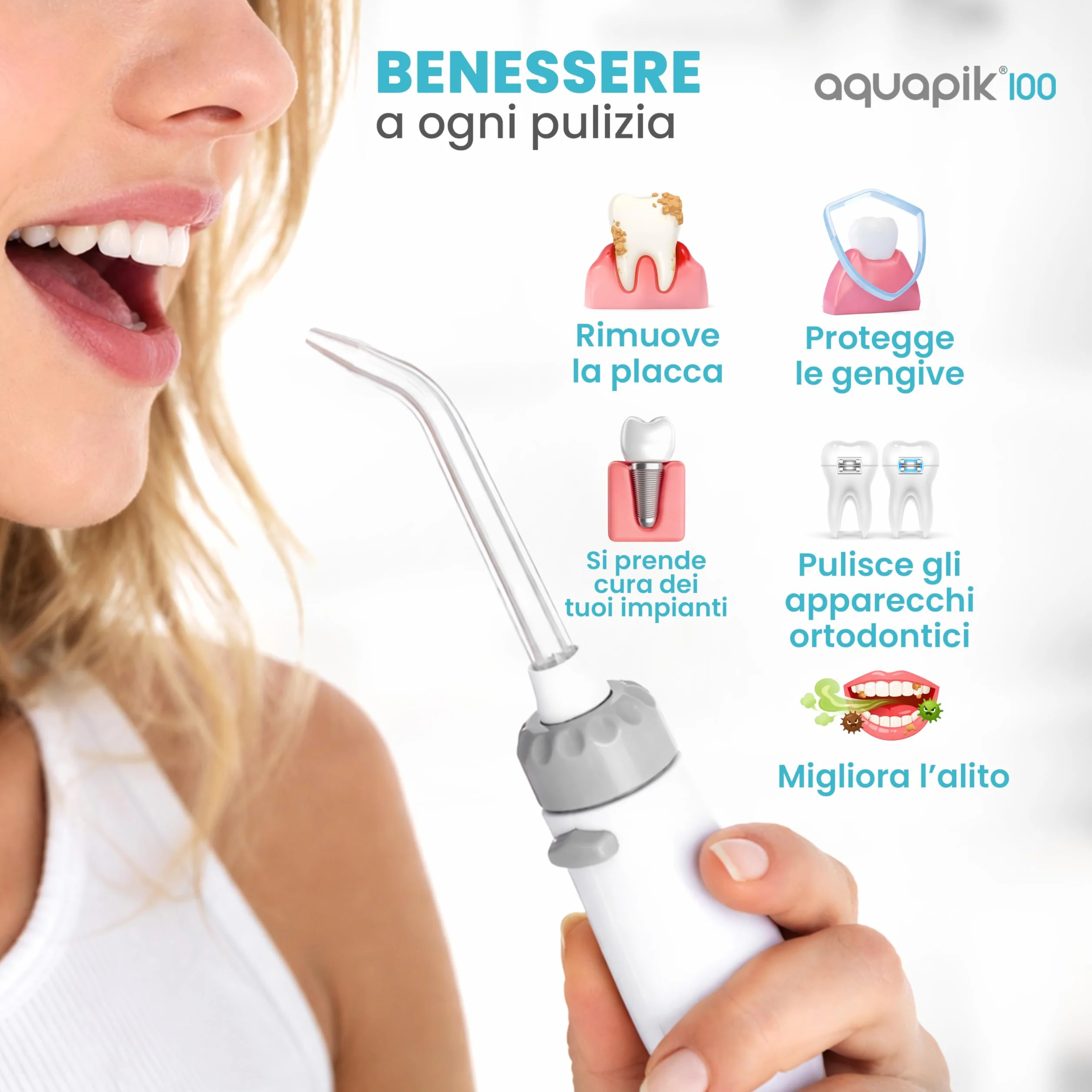Aquapik 100 Idropulsore Dentale Professionale Irrigatore Orale 8 Ugelli Multifunzione 10 Impostazioni Pressione Serbatoio 600 ml Pulizia Interdentale Bianco