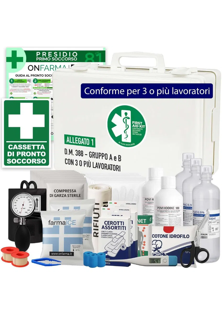 FARMA2 BIANCA CASSETTA PRONTO SOCCORSO Cassetta medica Completa di Croce adesiva e Cartello istruzioni di primo soccorso conforme DM 388 allegati 1 (per aziende con 3 o più lavoratori)