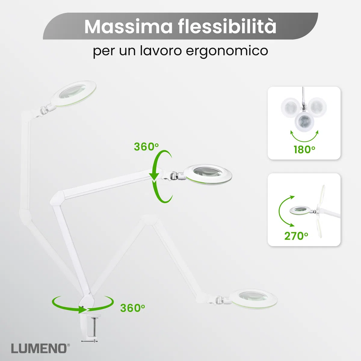 Lampada d'ingrandimento Lumeno Lambda M, dimmerabile con lente in vetro cristallino da 127 mm, ideale per saloni di bellezza, studi medici, hobbisti, ausili per la lettura, Verde 5 diottrie
