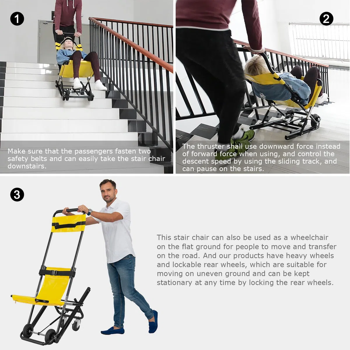 LOSCHEN Sedia per scale di sollevamento manuale giallo, sedia pieghevole portatile per il trasferimento quotidiano, una persona può supportare la mobilità anziana, può contenere 350 libbre