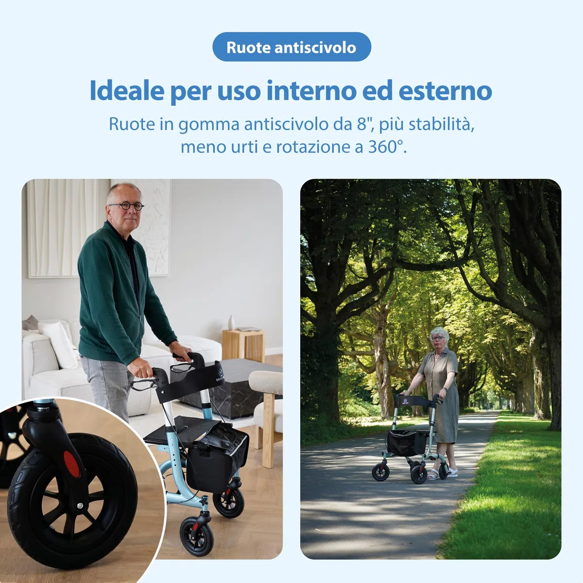 Safe Age Deambulatore con Seduta Ultraleggero - Girello Pieghevole per Anziani per Uso Interno ed Esterno con 4 Ruote, Schienale e Porta Bastone