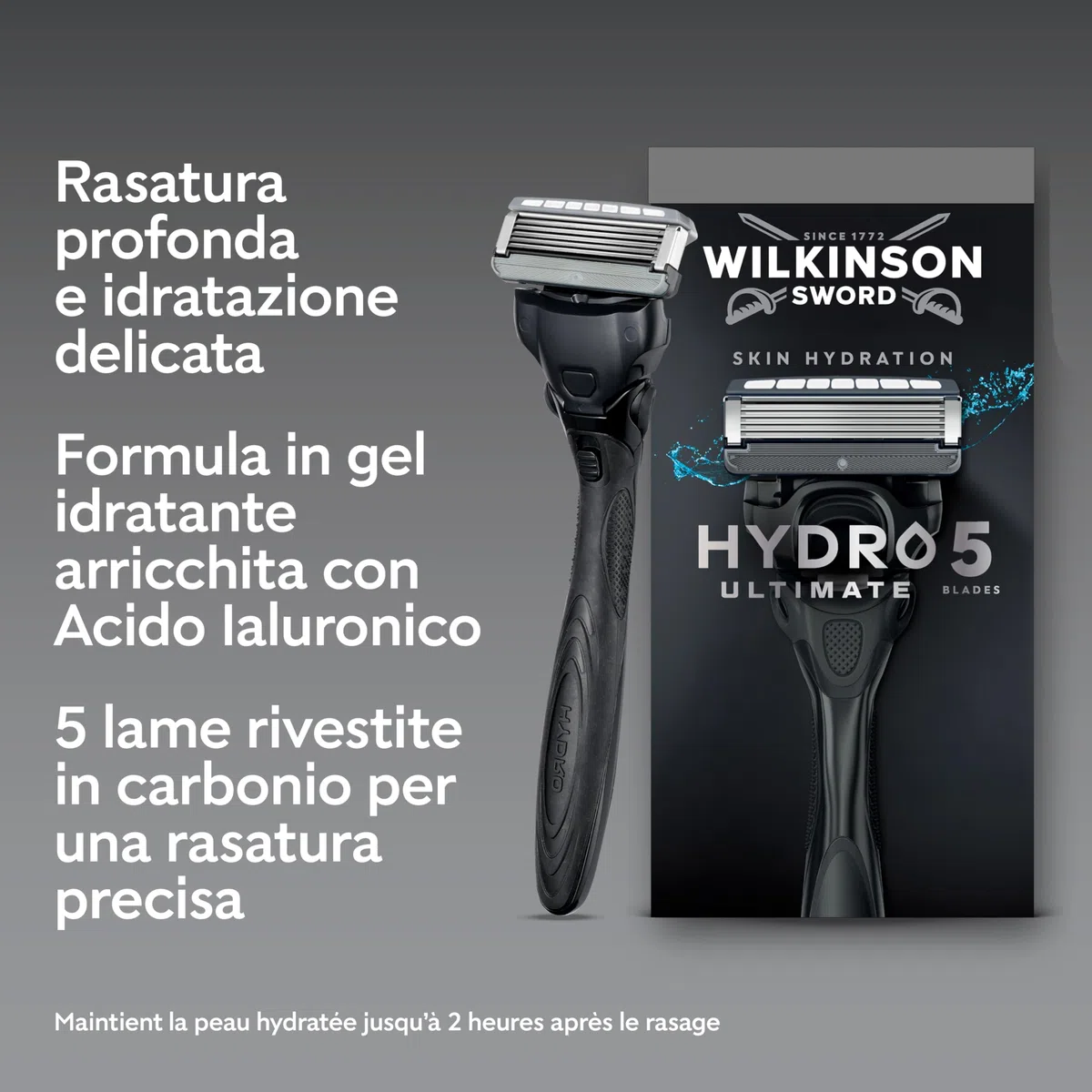 Wilkinson Sword Hydro 5 Ultimate, rasoio da uomo, formato convenienza, con acido ialuronico e lame rivestite in carbonio, manico + 5 ricariche