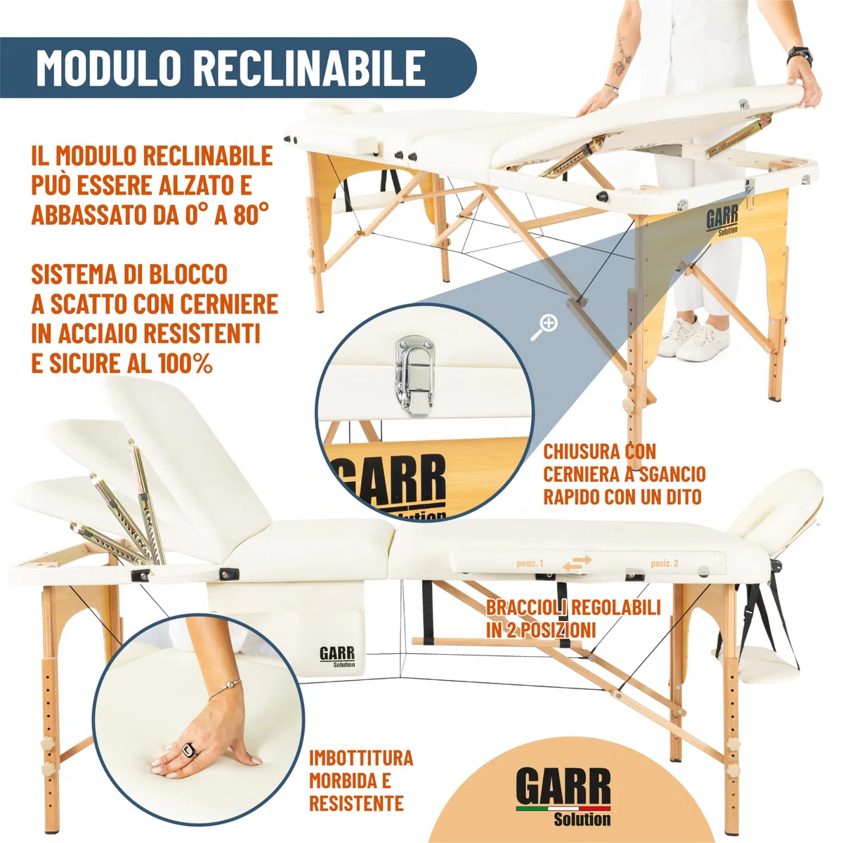 Lettino Massaggio Portatile 3 Zone in Legno, Professionale, Pieghevole e Leggero - 185x70 H62/87cm - con Porta Rotolo e Accessori - Adatto per Estetista, Fisioterapia e Tattoo - Crema