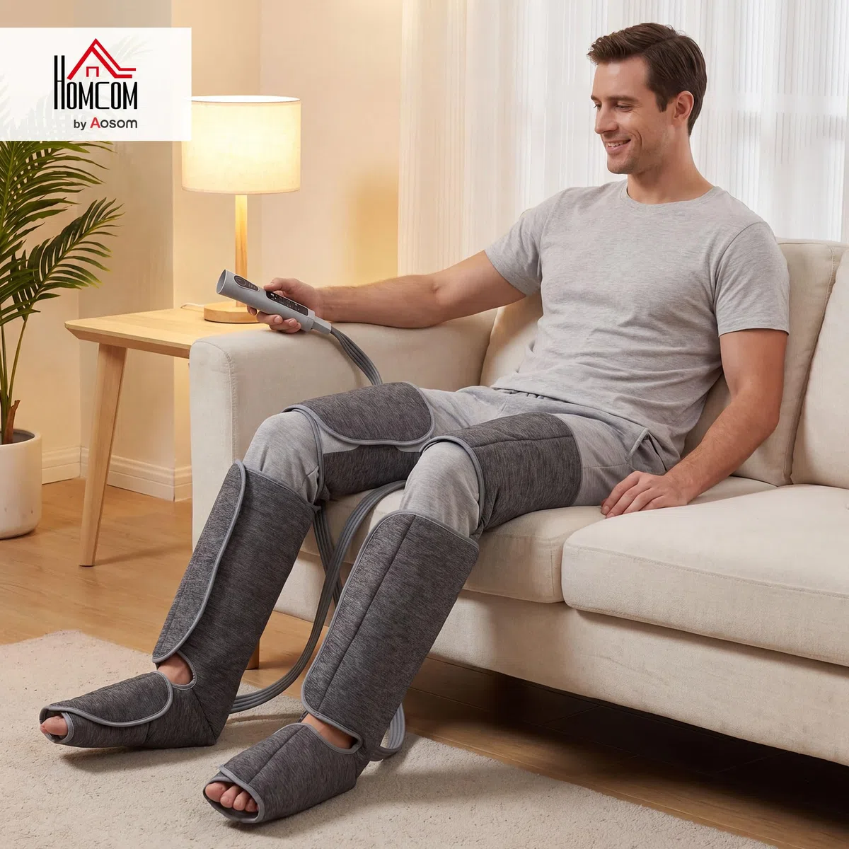 HOMCOM Massaggiatore Gambe a Compressione d'Aria, 2 Livelli Calore ai Piedi, per Polpacci e Cosce, 3 Modalità, 3 Intensità, Pressoterapia Casa, Linfodrenaggio e Circolazione, Regalo per Uomini e Donna