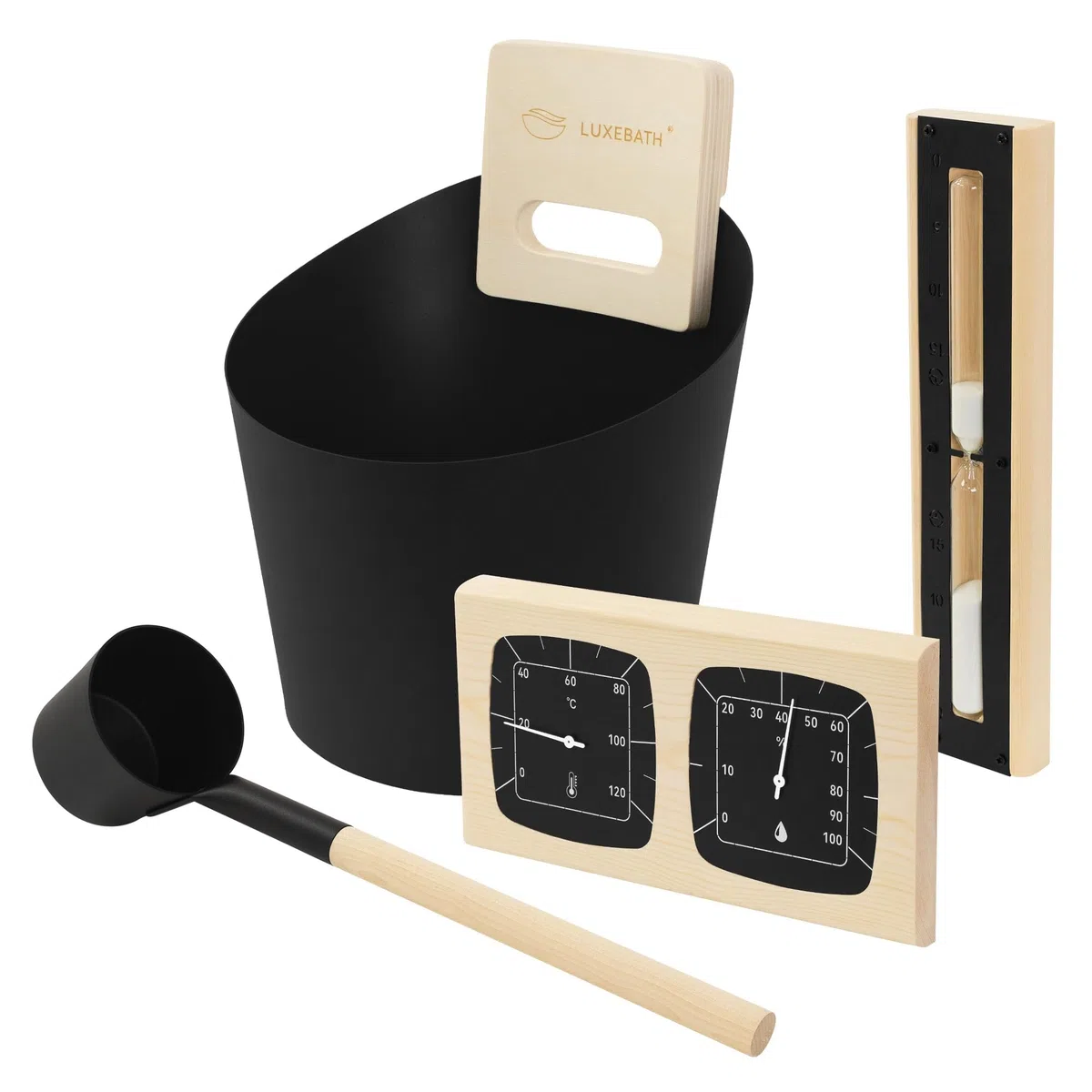 LuxeBath Kit Accessori Sauna in Alluminio e Legno Naturale Nero, Collezione Benessere 4 Pezzi, Secchiello per Infusione e Mestolo, Termometro Igrometro e Clessidra 15 Minuti, Secchio Sauna 6L