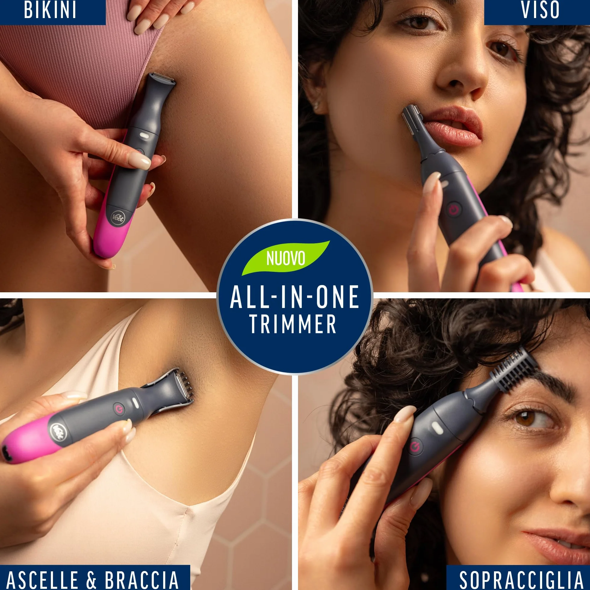 Veet Expert All-In-One Trimmer, Rasoio Elettrico Donna Viso Parti Intime, Epilatore Elettrico Donna 100% Waterproof Cordless