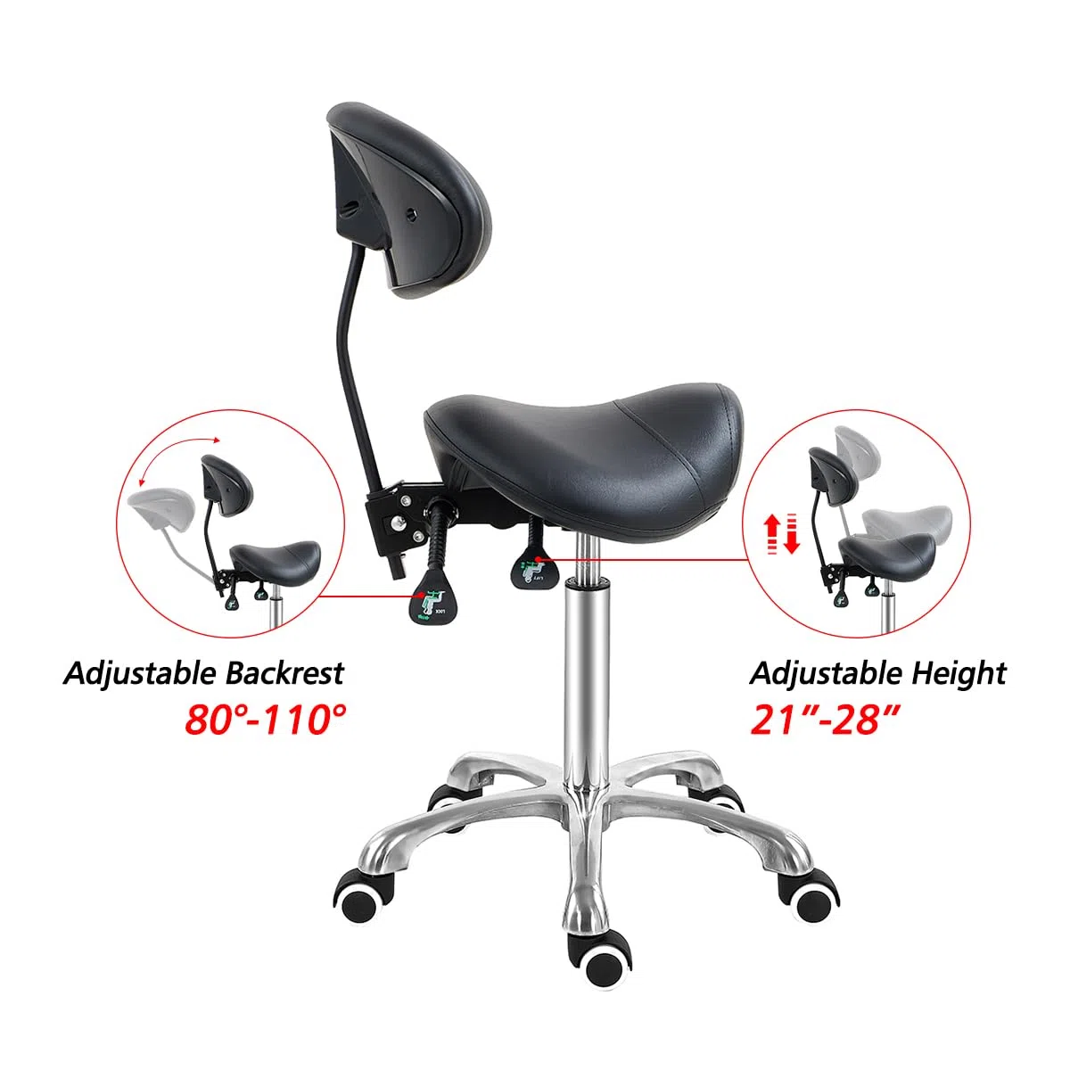 Antlu Sgabello a sella con supporto per lo schienale, sgabello ergonomico per estetista, per saloni, tatuaggi, spa, medici, dentisti, cliniche (con schienale regolabile, nero)