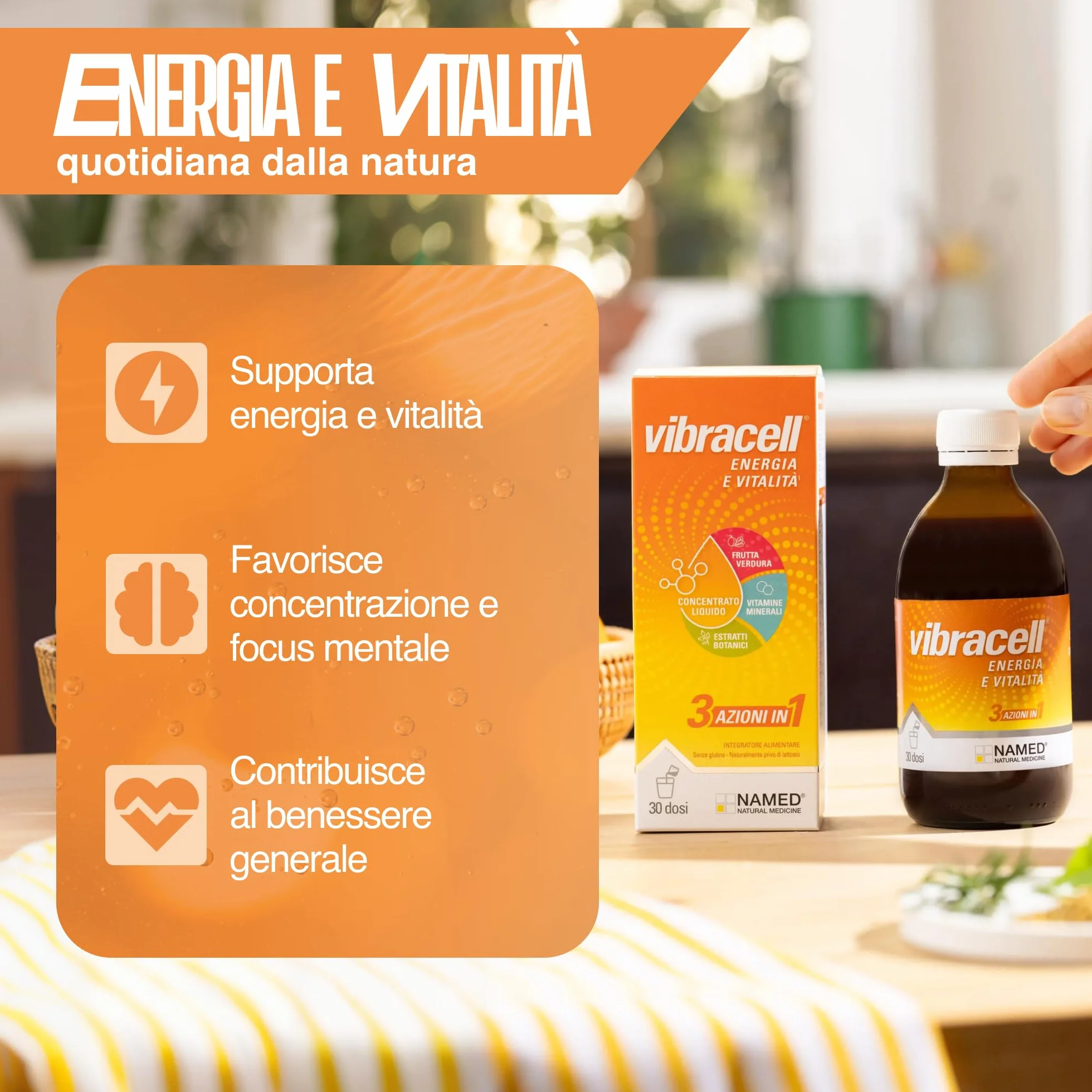 NAMED Vibracell Integratore Alimentare Concentrato Liquido Succhi Frutta Verdura Estratti Botanici Vitamine L-Carnitina Pappa Reale 300 ml