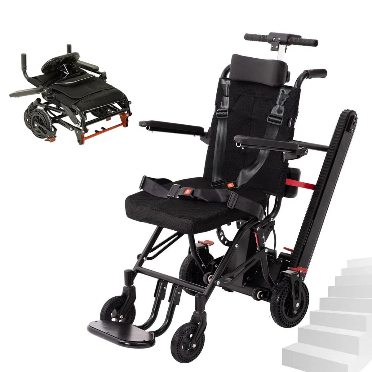 Combinazione di montascale Elettrico Pieghevole Leggero + Sedia a rotelle Manuale, 2 in 1, con poggiatesta, su e Giù per Le Scale, Display LCD Intelligente, carico 330 libbre