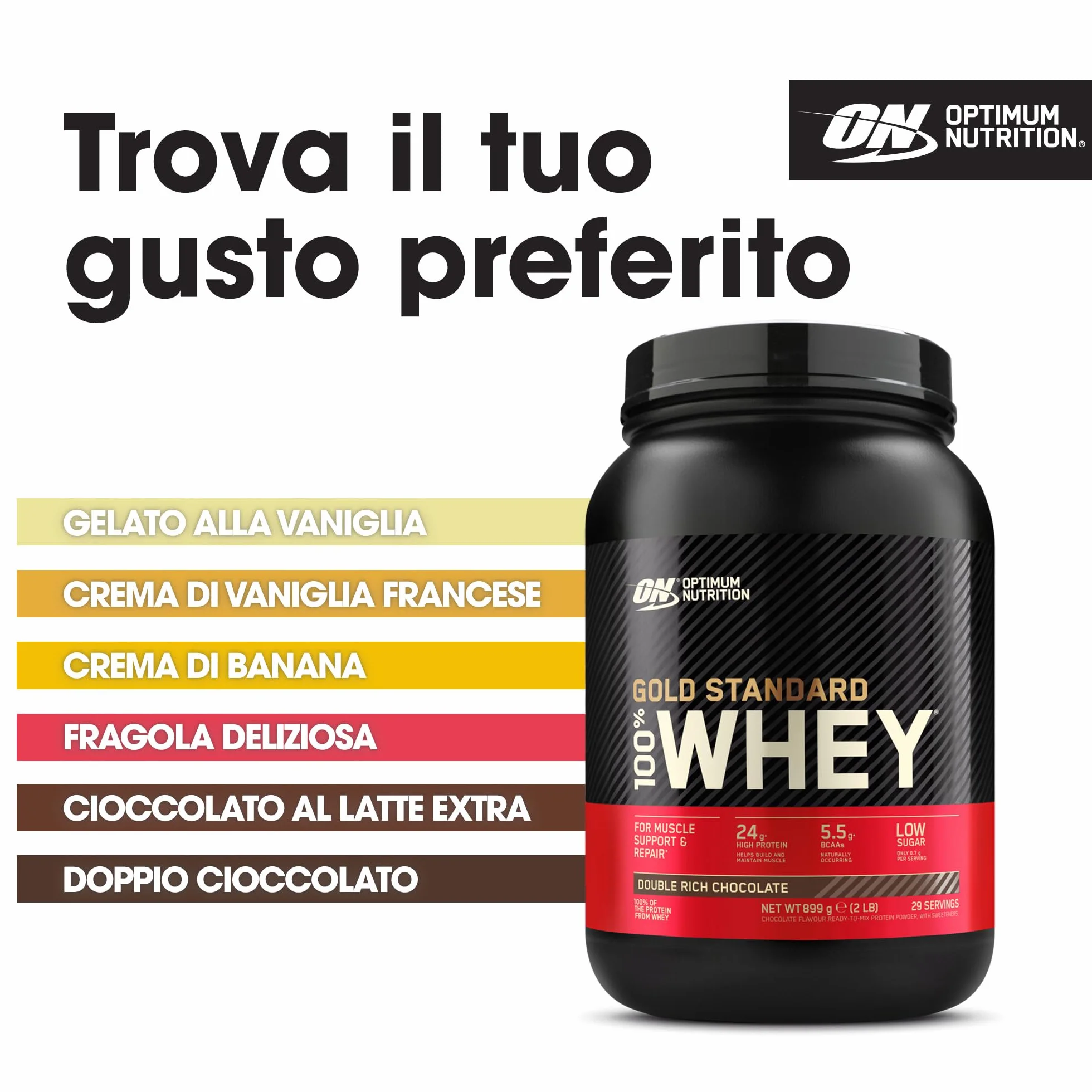 Optimum Nutrition Gold Standard 100% Whey Proteine in Polvere Doppio Cioccolato 899g 29 Porzioni