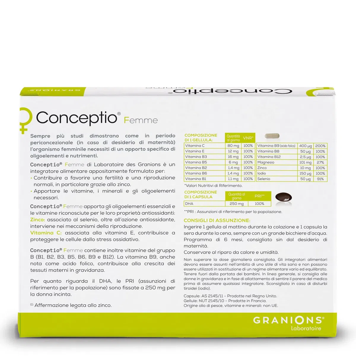 Granions Conceptio Donna Integratore, Desiderio di Maternità, Favorisce la Fertilità Femminile, Vitamine B9 (Acido Folico), B, C, A, Dha, Oligoelementi, 60 Capsule Vegetali