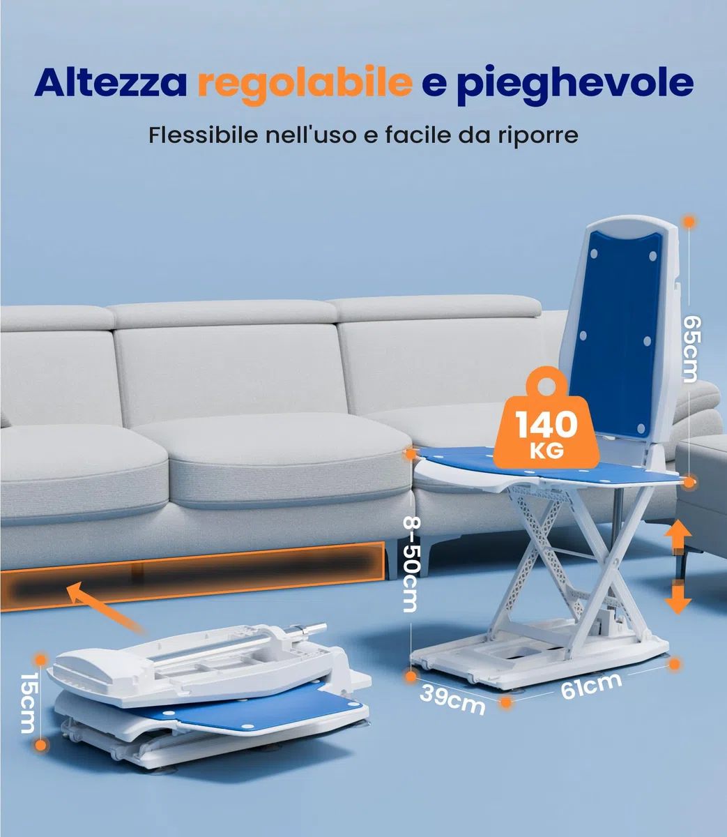 VOCIC Sedia elevatrice elettrica AX10, sollevatore mobile con ruote per alzarsi da terra, pieghevole e regolabile in altezza 0–50 cm, fino a 140 kg, aiuto al sollevamento per anziani a casa