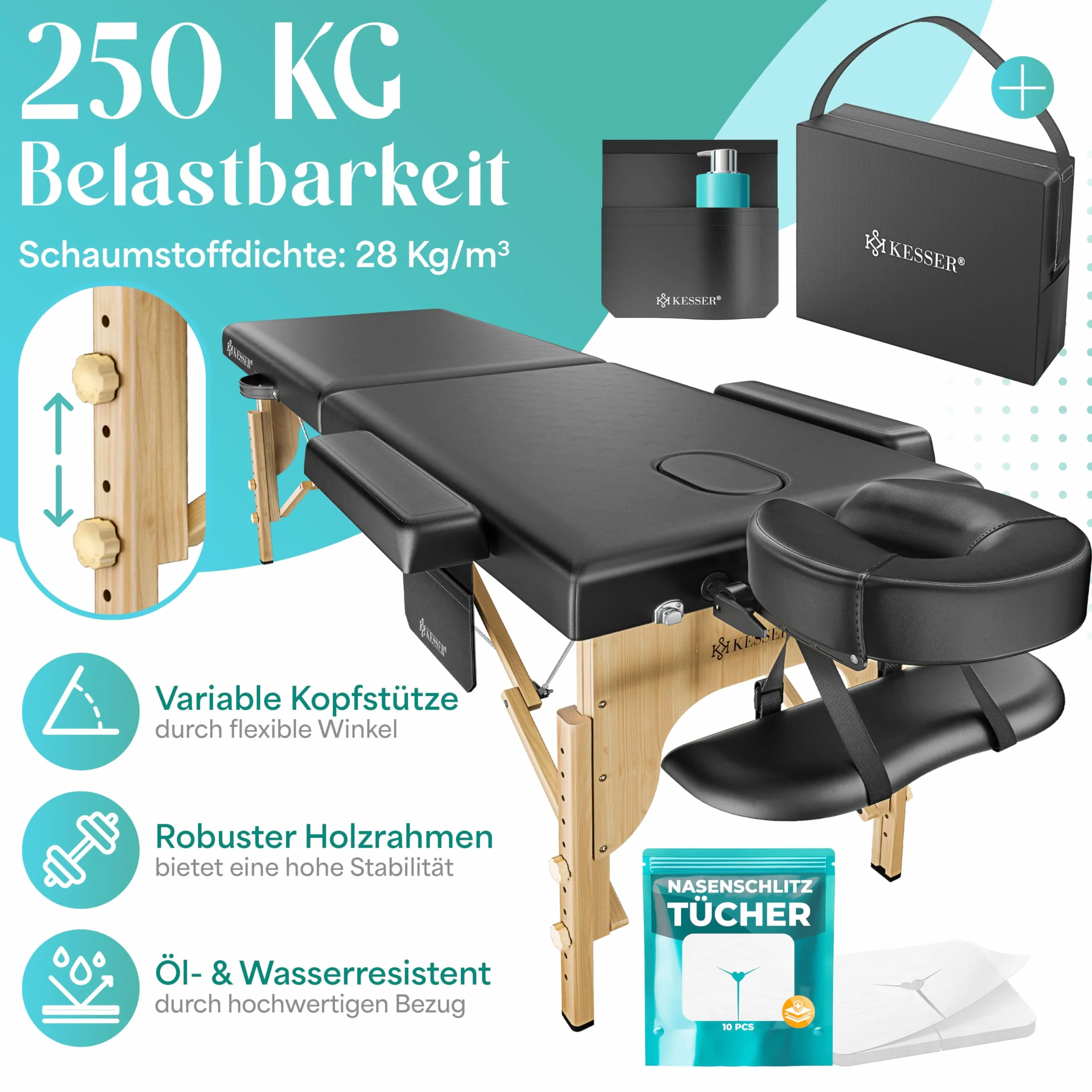 KESSER Lettino da massaggio mobile con piedini in legno, pieghevole e regolabile in altezza, max 250 kg, 2 zone, per massaggio, per cosmetici, ampio lettino terapeutico, poggiatesta e braccioli, con