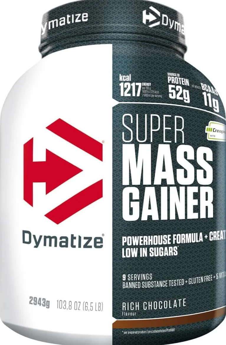 Dymatize Super Mass Gainer Rich Chocolate 2943g Weight Gainer Polvere Carboidrati Creapure Creatina BCAA Caseina