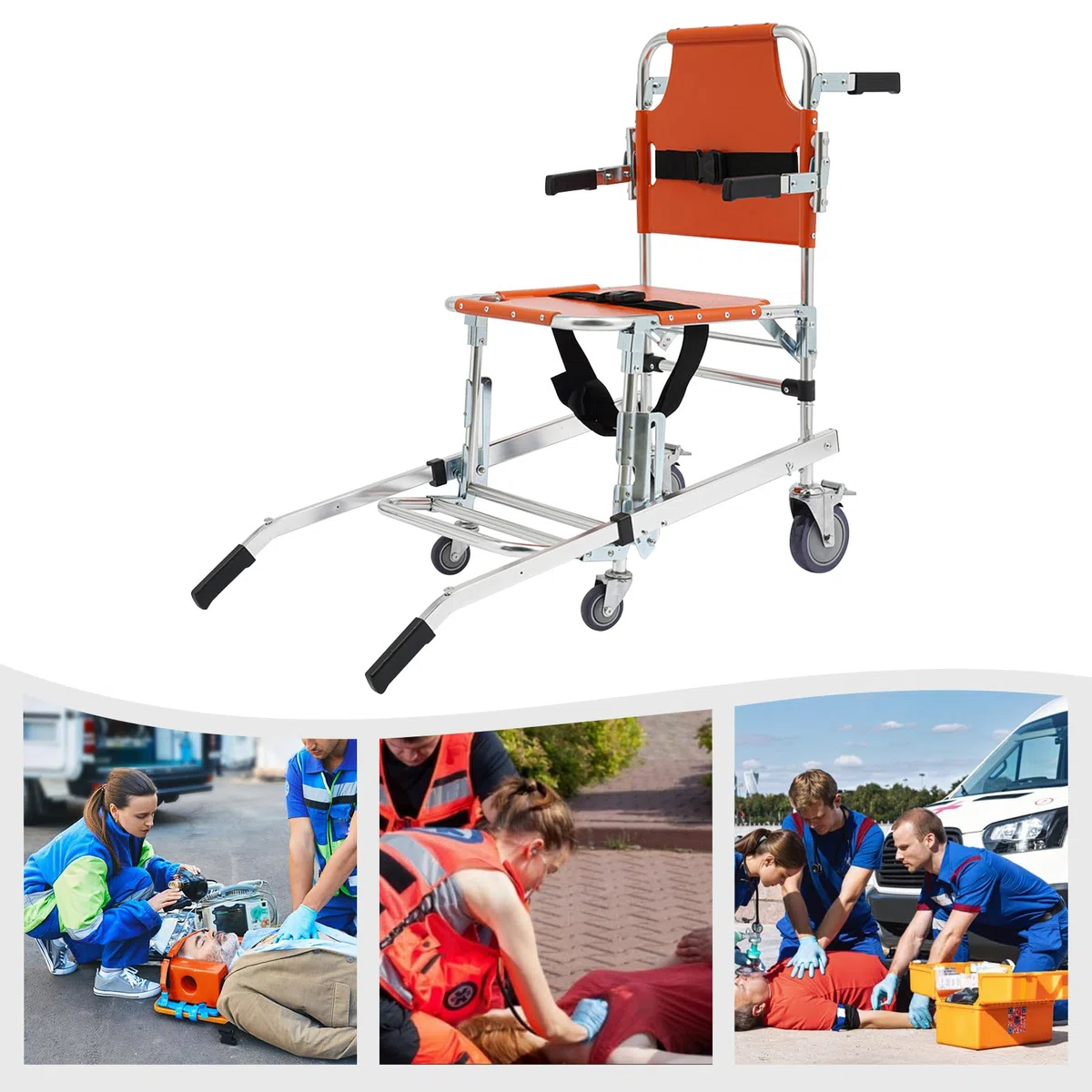 Sedia da trasporto pieghevole, capacità di carico 159 kg, sollevamento scale con cinture di sicurezza, 4 ruote universali, leggera, pieghevole, per anziani e disabili