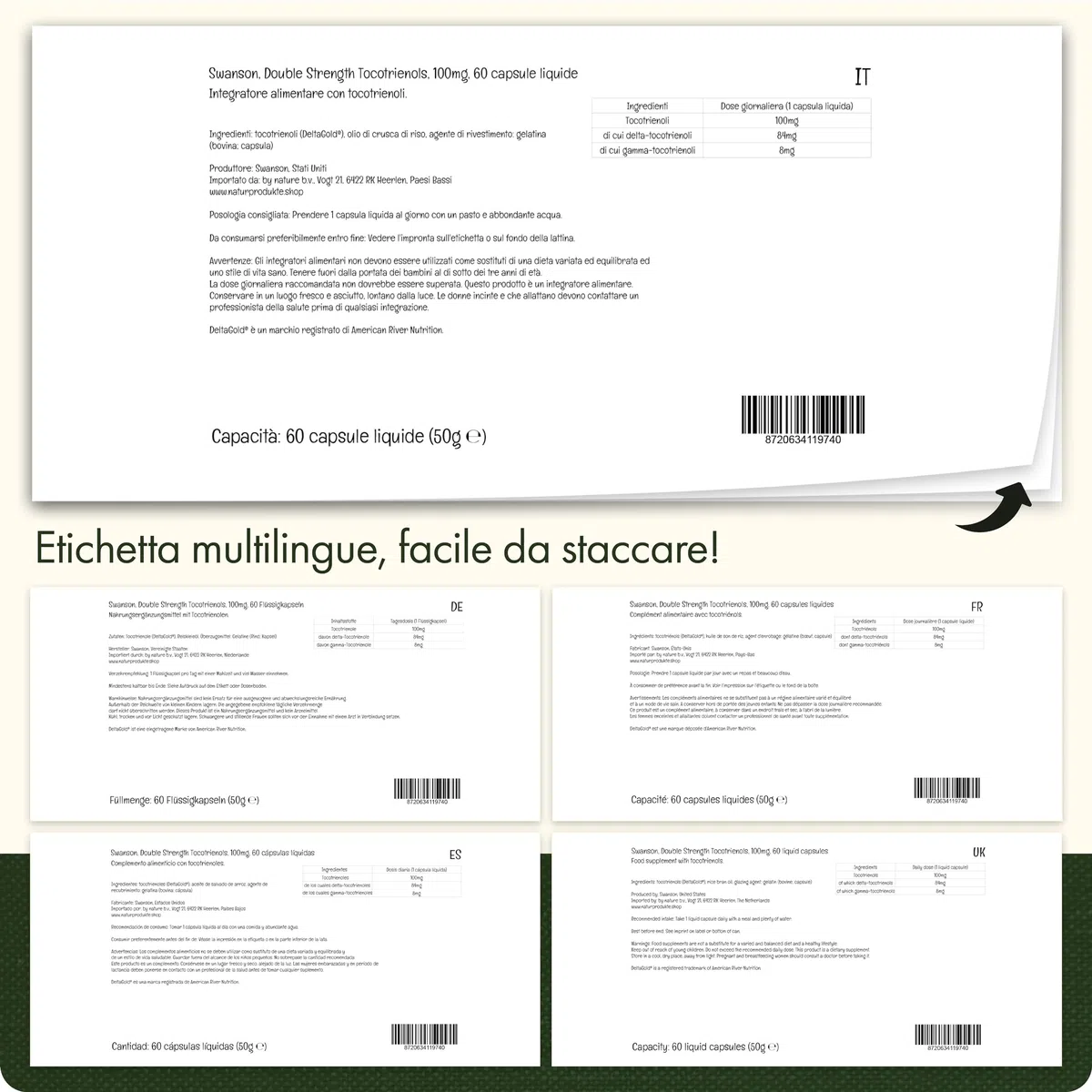 Swanson, Tocotrienols, Doppia Forza, Vitamina E, 60 Capsule liquide, Altamente Dosato, Testato in Laboratorio, Senza Glutine, Non OGM