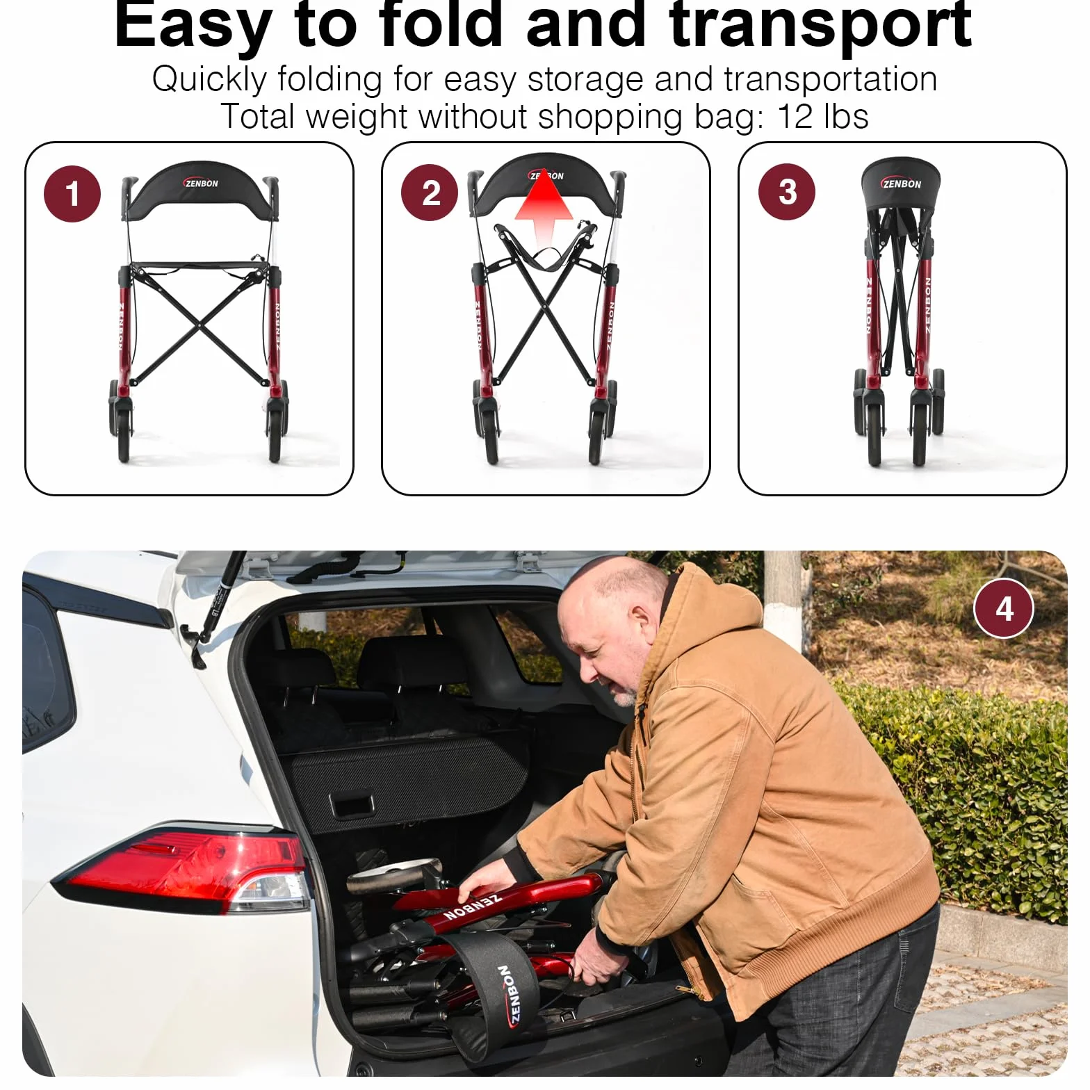 Deambulatore Carbonio Ultralight 5,5 kg: Rollator 4 Ruote Pieghevole e Leggero con Sedile Deambulatore in carbonio per Anziani - Rollator Pieghevoli Leggeri per Viaggi nel Bagagliaio e in Aereo