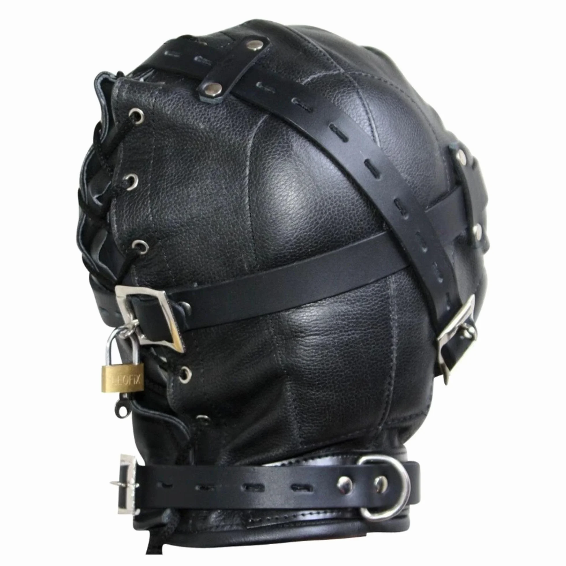 Maschera di Contenimento in Pelle Nera Regolabile con Fibbie in Metallo