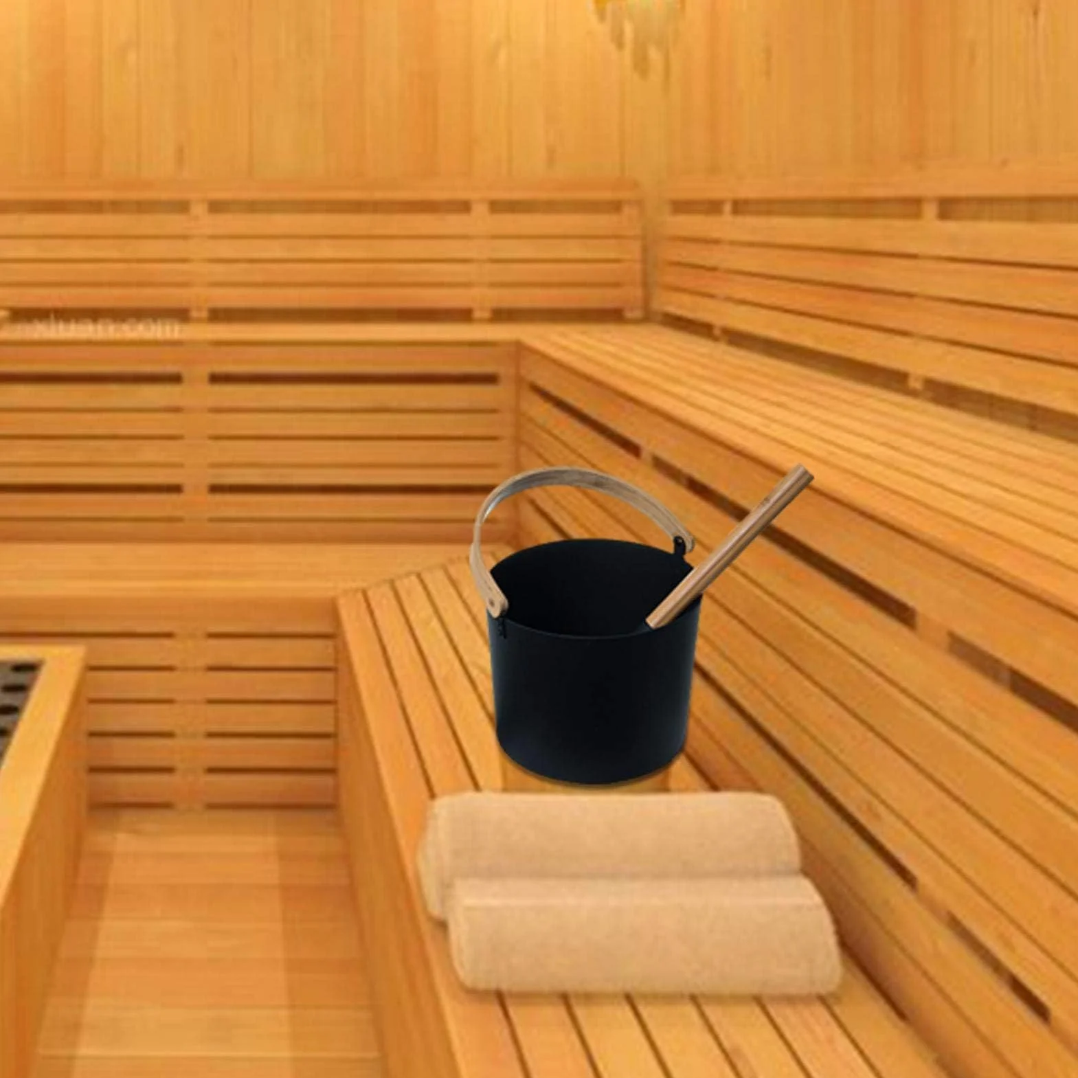 Sauna in Alluminio 7 l Nero con Manico Lungo e Cucchiaio in Legno