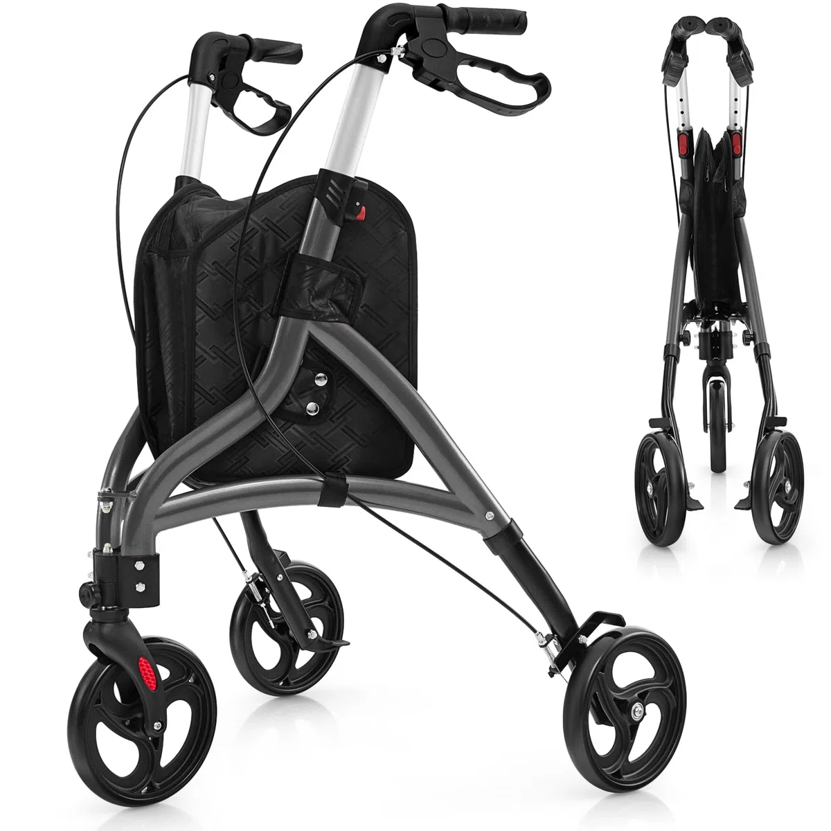 COSTWAY Deambulatore per Anziani in Alluminio Ultraleggero a 3 Ruote, Rollator per Anziani Pieghevole e Regolabile in 6 Livelli 86-96 cm con Borsa e Ruote Bloccabili, Portata 136 kg (Grigio)