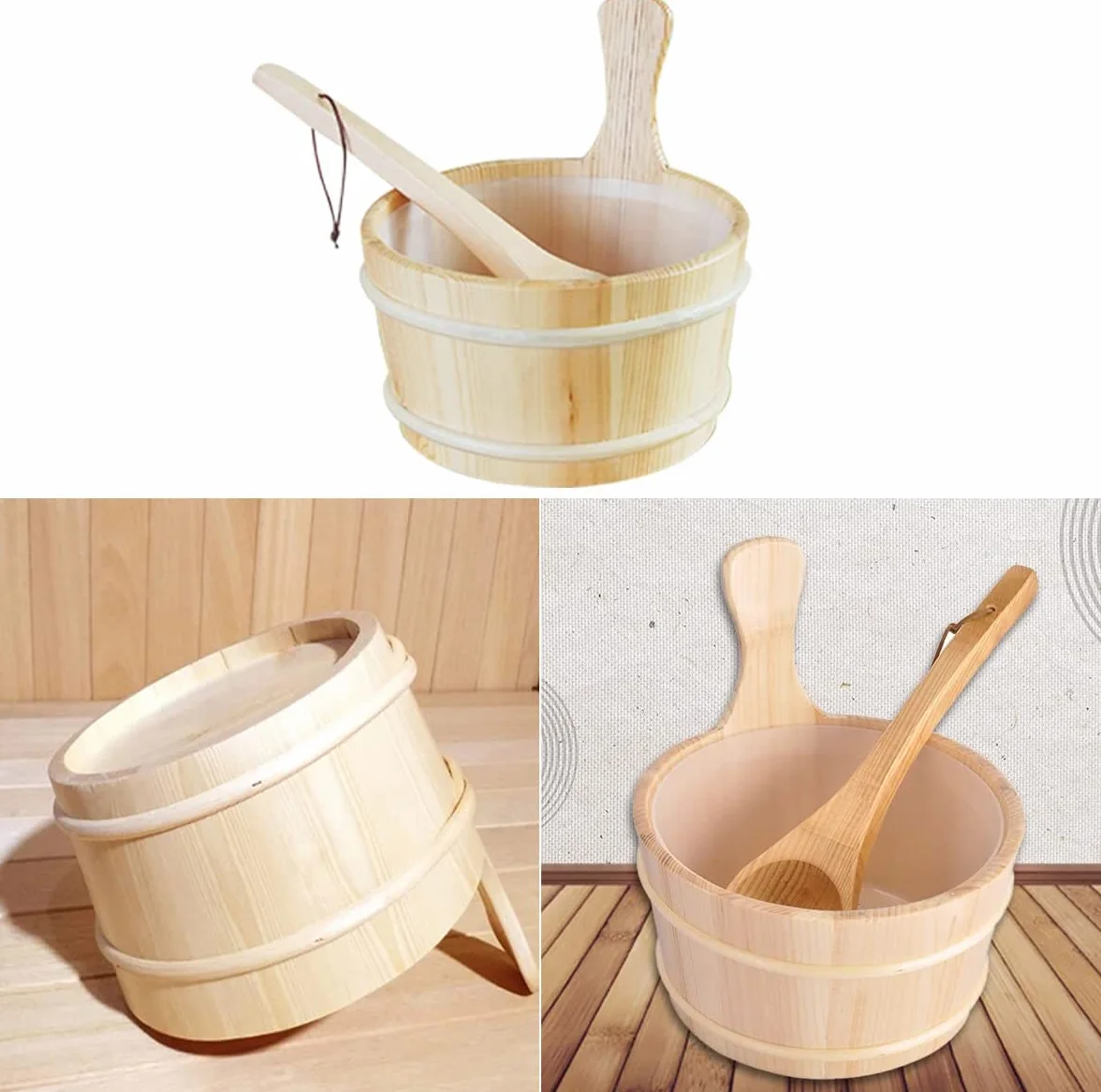 Secchio Sauna 4L Set Completo con Mestolo Legno Pino Finlandese Termometro Igrometro Clessidra