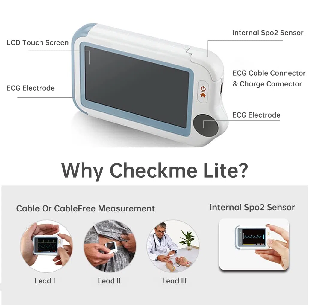 Wellue Checkme Lite Plus - Monitor ECG e ossimetro | Misura ECG/SpO2 in 20 secondi | Bluetooth| Sensore portatile + app (iOS/Android)