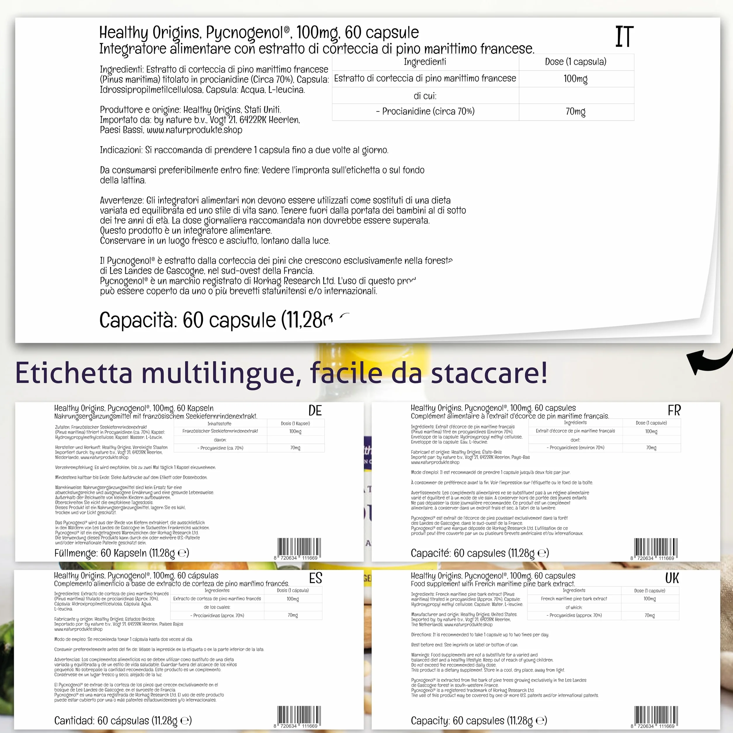 Healthy Origins Pycnogenol 100 mg 60 Capsule Vegane Pino Marino Senza Glutine
