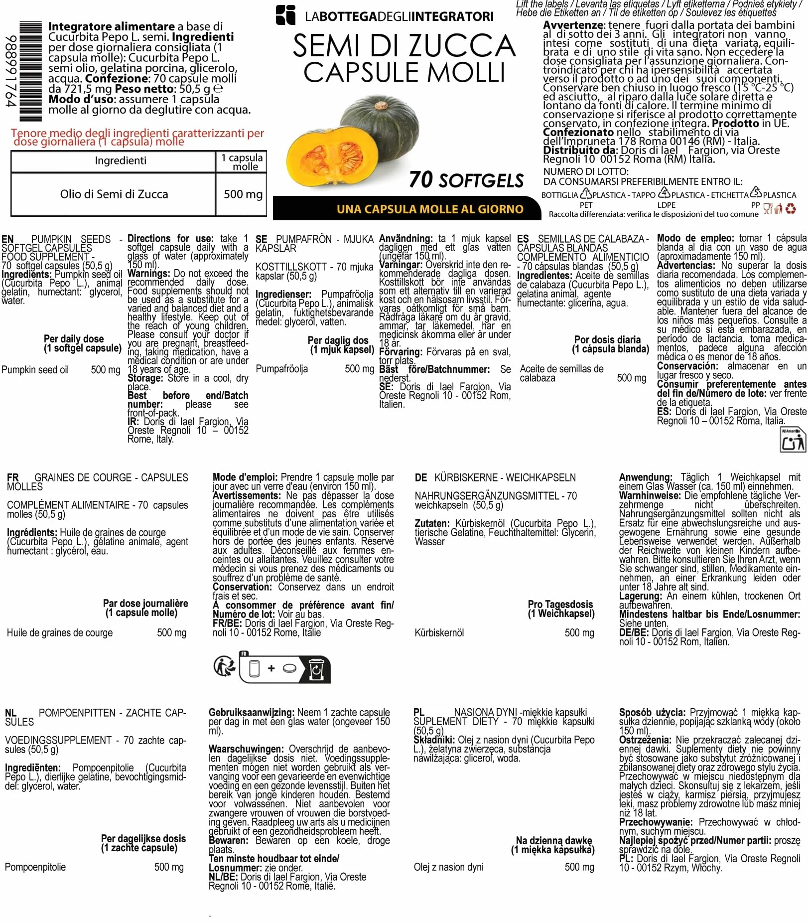 Semi di Zucca 700 Softgels Olio Spremuto a Freddo Omega 3 6 9 Acido Linoleico Oleico