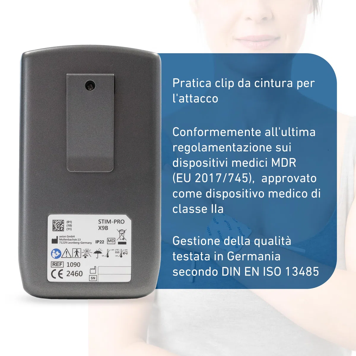 TENS EMS Dispositivo combinato STIM-PRO X9B - 4 canali nel set con 8 pezzi da 5x5cm, 4 pezzi da 10x5cm, elettrodi speciali e spray per contatti - Terapia del dolore, tonificazione muscolare e