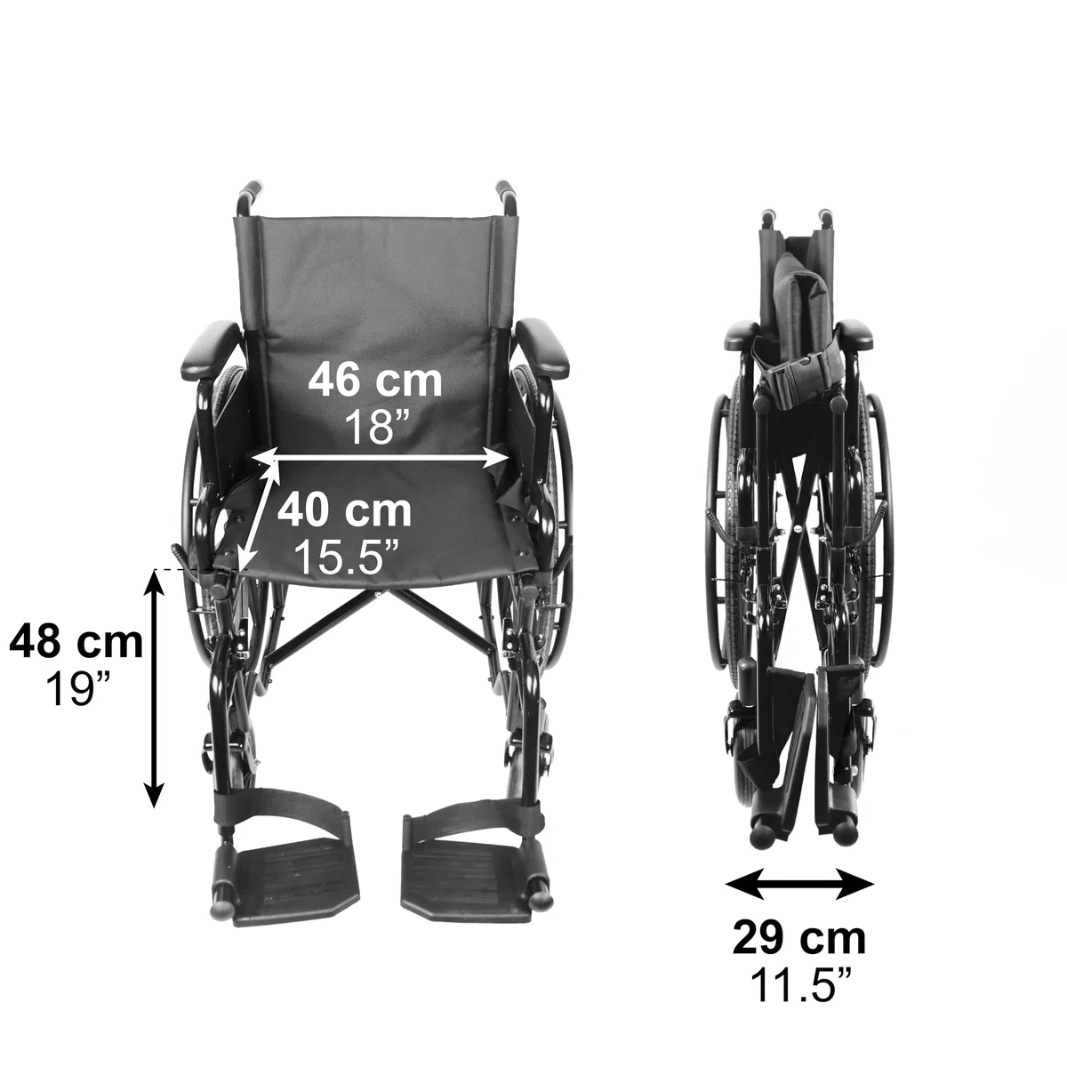 PEPE Mobility Sedia a Rotelle Autospinta Pieghevole e Leggera (Seduta 46 cm), Telaio in Acciaio Nero, Carrozzina per Disabili e Anziani Compatta e Robusta