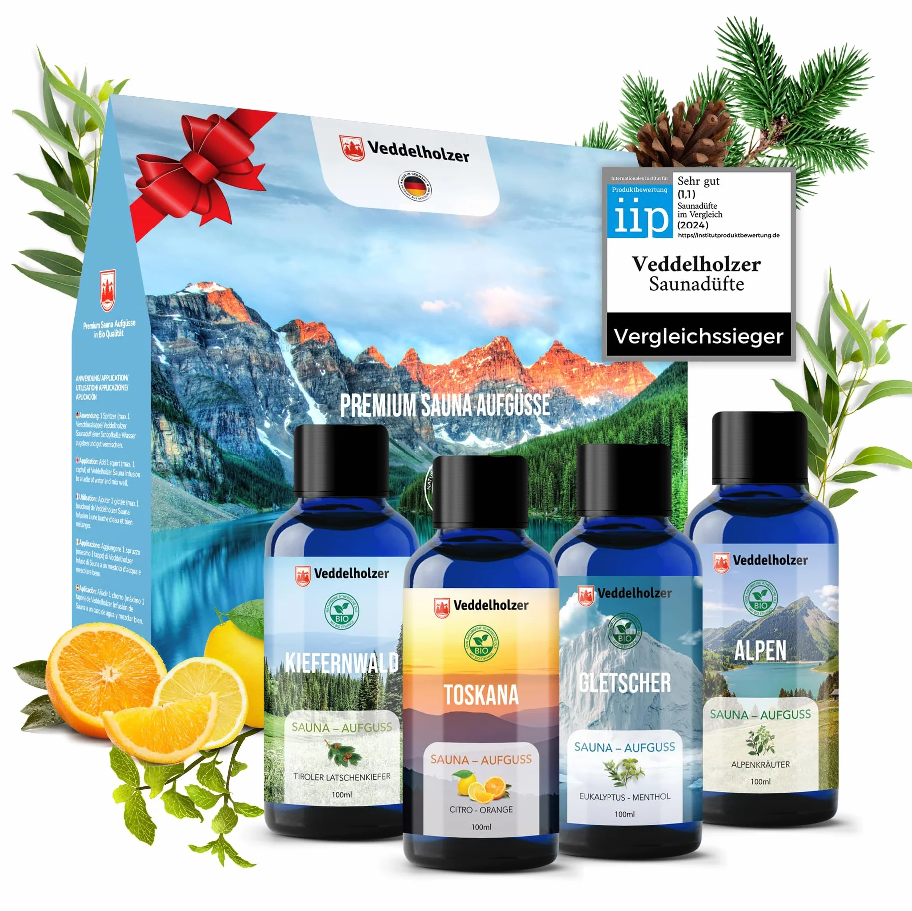 Veddelholzer Infusione per sauna BIO oli essenziali 100% naturali puri 4 x 100 ml set regalo
