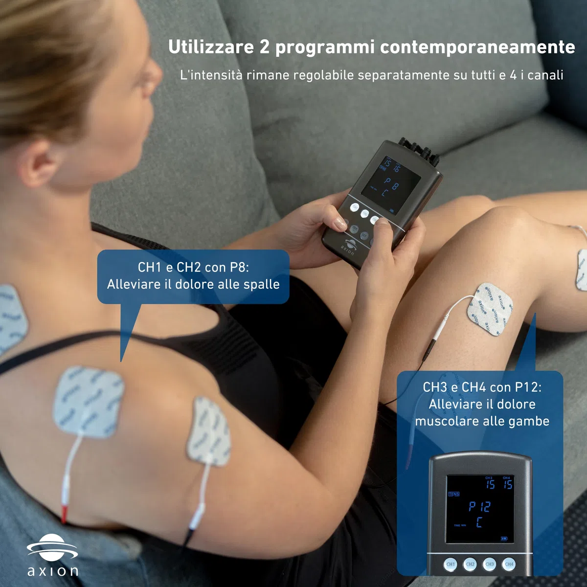 TENS EMS Dispositivo combinato STIM-PRO X9B - 4 canali nel set con 8 pezzi da 5x5cm, 4 pezzi da 10x5cm, elettrodi speciali e spray per contatti - Terapia del dolore, tonificazione muscolare e