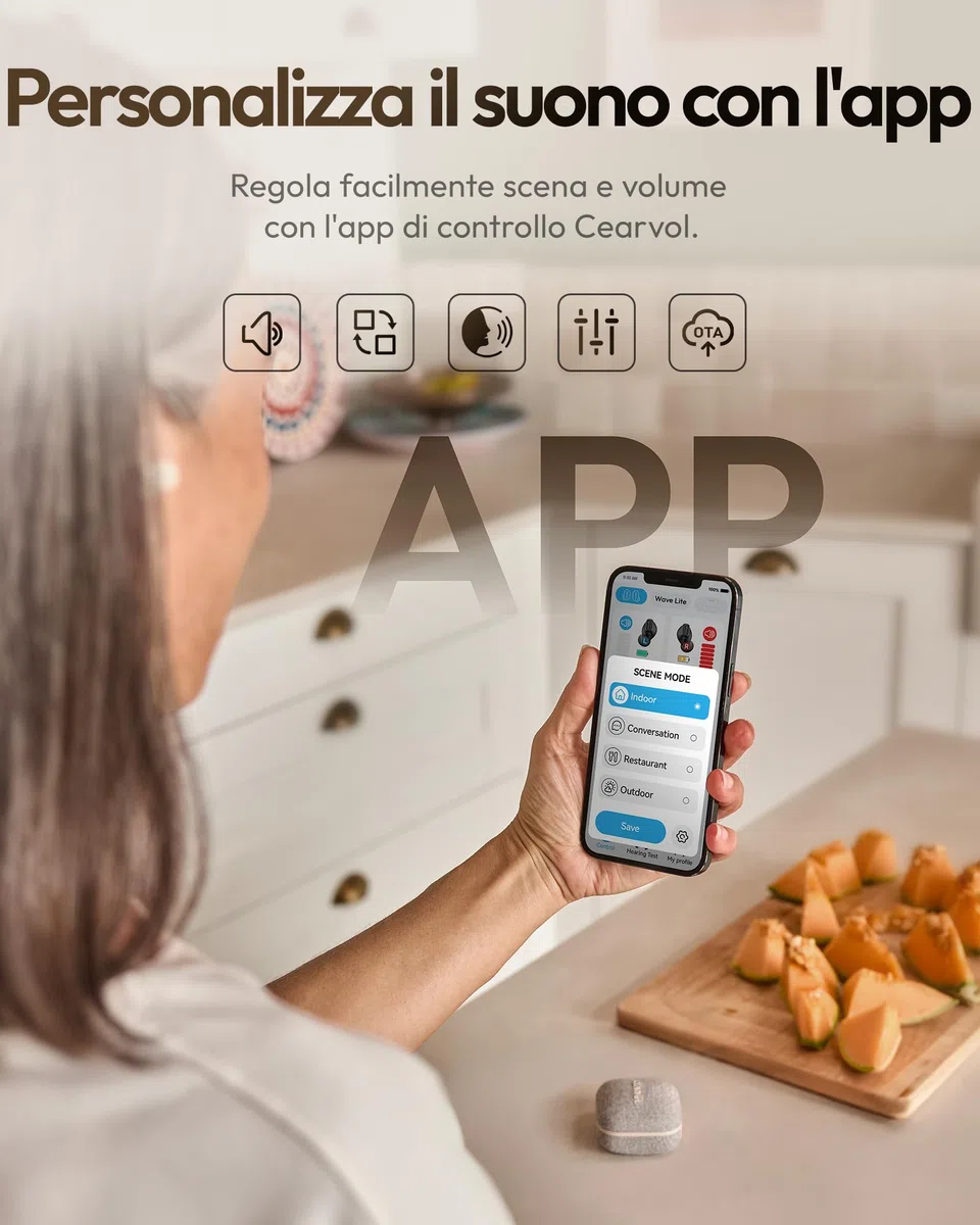 Wave Lite Amplificatore del Suono con App Control & AUX-IN, Potenziamento Vocale 40dB per Anziani, IA Riduzione Rumore, 3 Anni di Garanzia e Supporto, 8 Paia di Gommini