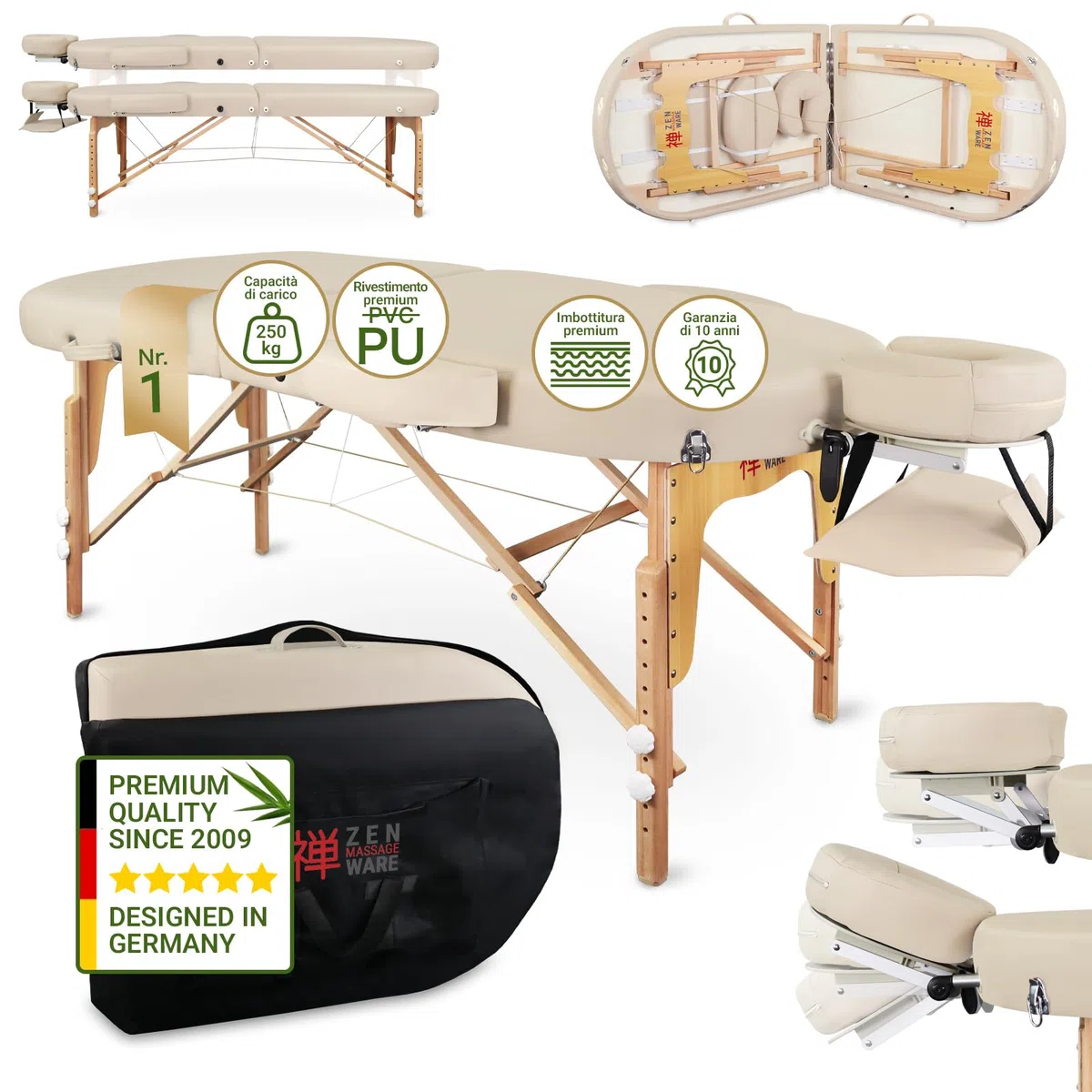 ZEN - Lettino massaggio ovale mobile pieghevole & regolabile - Tavolino massaggio legno massiccio angoli rotondi per massaggi attivi - Panchina massaggi con poggiatesta, braccioli e borsa (crema)