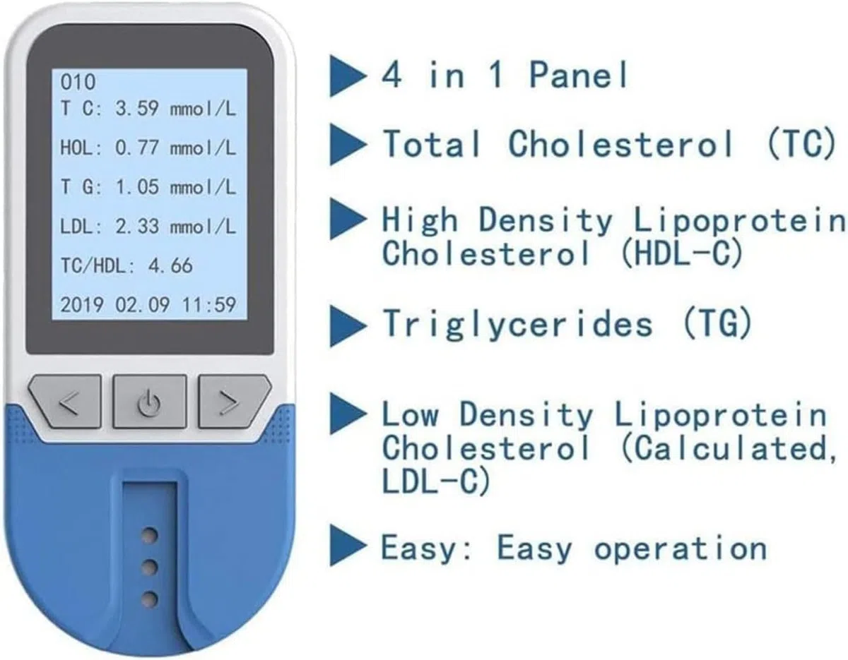 Tester Del Colesterolo 4 In 1 Impostato,Test Lipidico Del Sangue Completamente Automatico Per L'analisi Di Colesterolo Totale, Trigliceridi, Lipoproteine Alte E Basse Con 25 Strisce