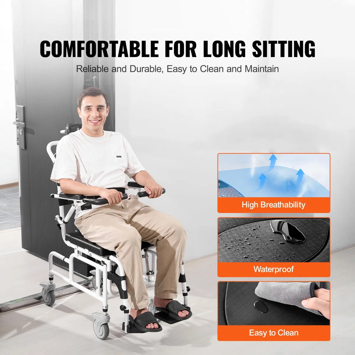VEVOR Sedia a Rotelle per Doccia, Bagno per Adulti Disabili, Sedia in Alluminio per Doccia Rotolante Regolabile con Freno Sedia da Trasporto per Comoda da Doccia Capacità 136 kg Larghezza 440 mm