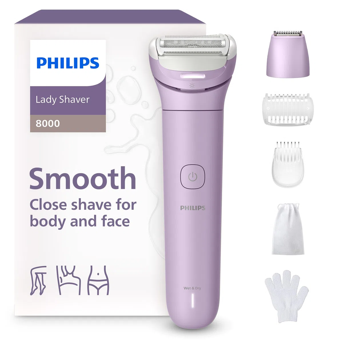 Philips Lady Shaver Serie 8000 - Rasoio senza filo, Wet & Dry, sistema di rasatura a 3 lame, testina di rasatura flessibile, luce LED, per corpo, gambe e zona bikini, modello BRL149/00