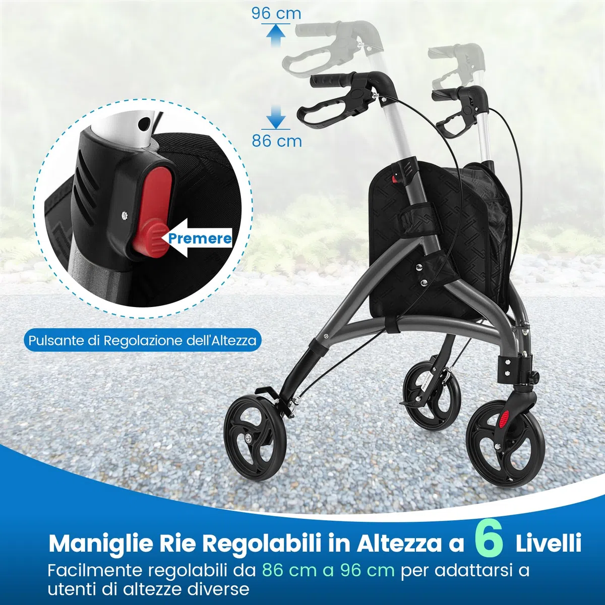 COSTWAY Deambulatore per Anziani in Alluminio Ultraleggero a 3 Ruote, Rollator per Anziani Pieghevole e Regolabile in 6 Livelli 86-96 cm con Borsa e Ruote Bloccabili, Portata 136 kg (Grigio)