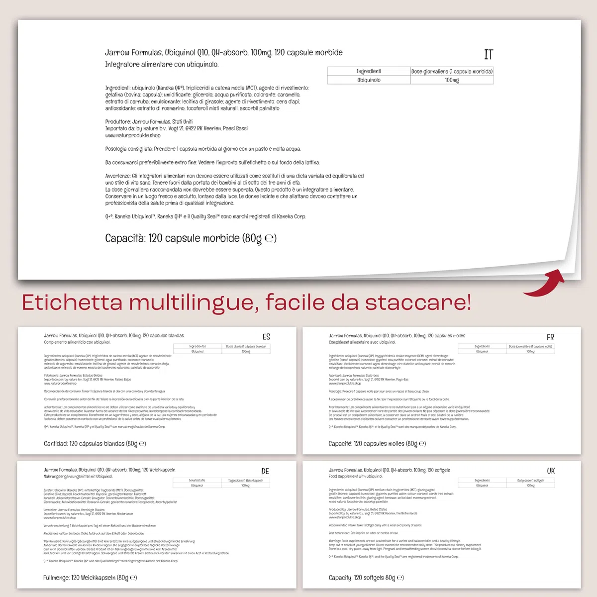 Jarrow Formulas, Ubiquinol QH-Absorb (Coenzima Attivo Q10), 100mg, Alta Resistenza, 120 Capsule morbide, Testato in Laboratorio, Senza Glutine, Senza Soia, Senza OGM