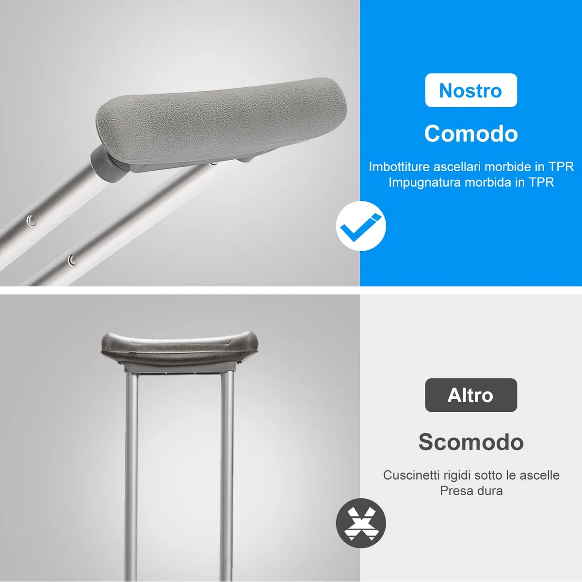 supregear Sottobraccio Stampelle, 1 Coppia Leggero Alluminio Universale Stampelle, Regolabile Avambraccio Stampelle con Morbido Sottobraccio e Mano Grip Pads per Camminare, Argento