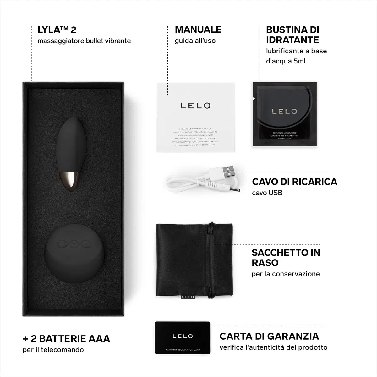 LELO LYLA 2 Massaggiatore a Proiettile per Adulti, Massaggiatore Portatile in Silicone con Tecnologia SenseMotion e Telecomando, Mini Vibratore, Stimolatore Clitorideo, Black